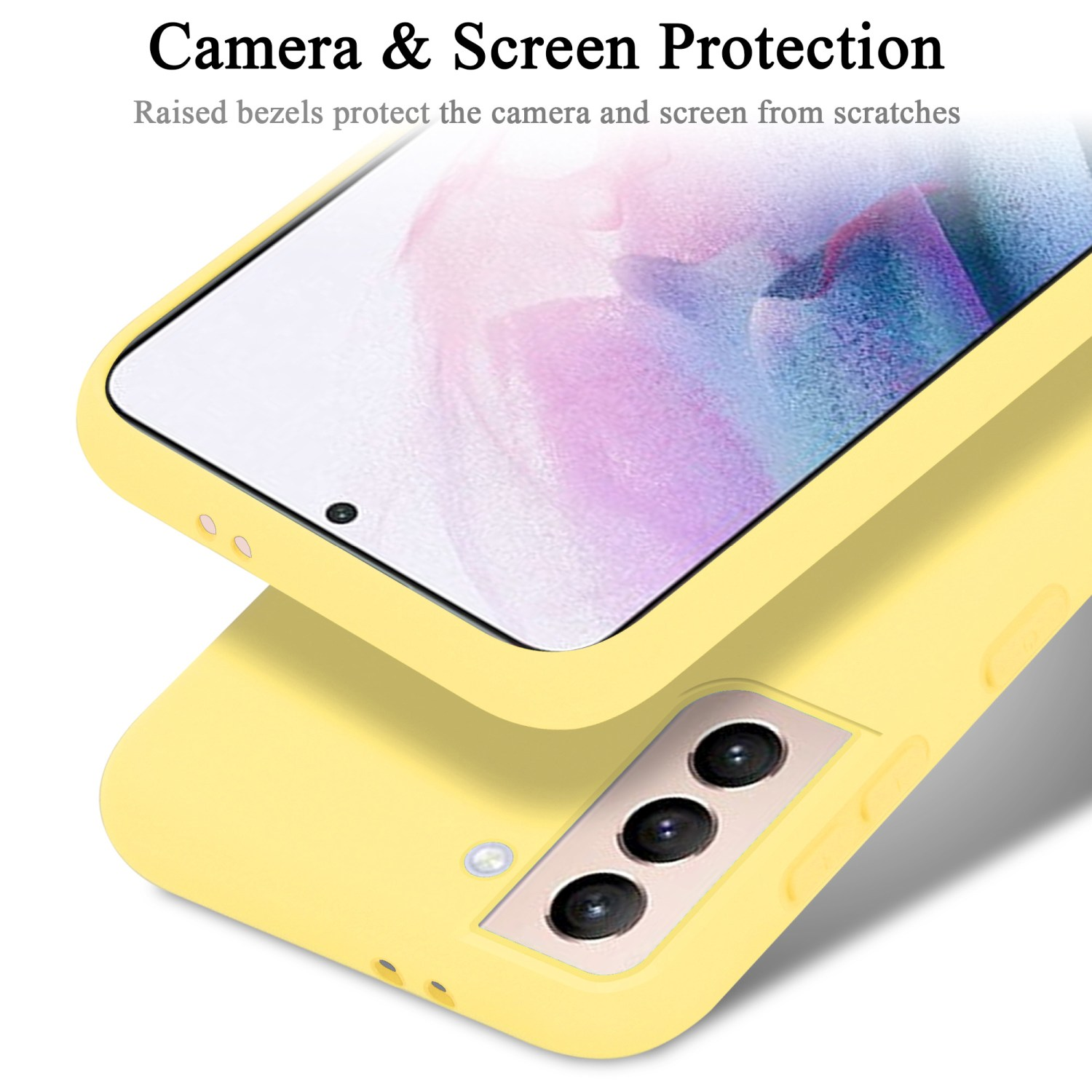 Custodia gialla per telefono. Aperta, mostra schermo e fotocamera. Protegge.