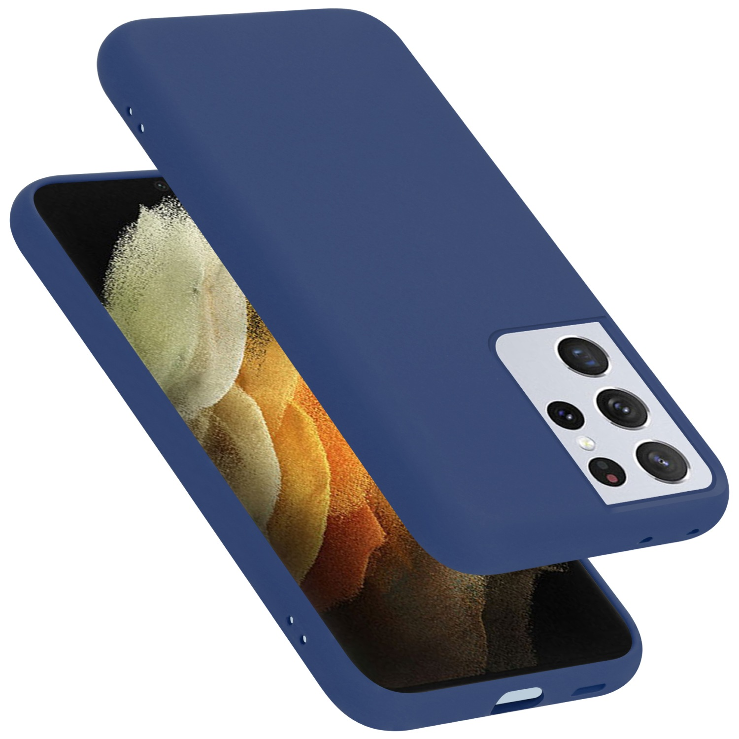 Funda azul para teléfono con tapa ligeramente abierta, que revela un teléfono con múltiples cámaras traseras.