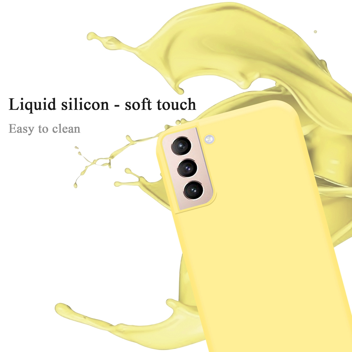 Custodia gialla con schizzi di liquido giallo, telefono con tripla fotocamera.