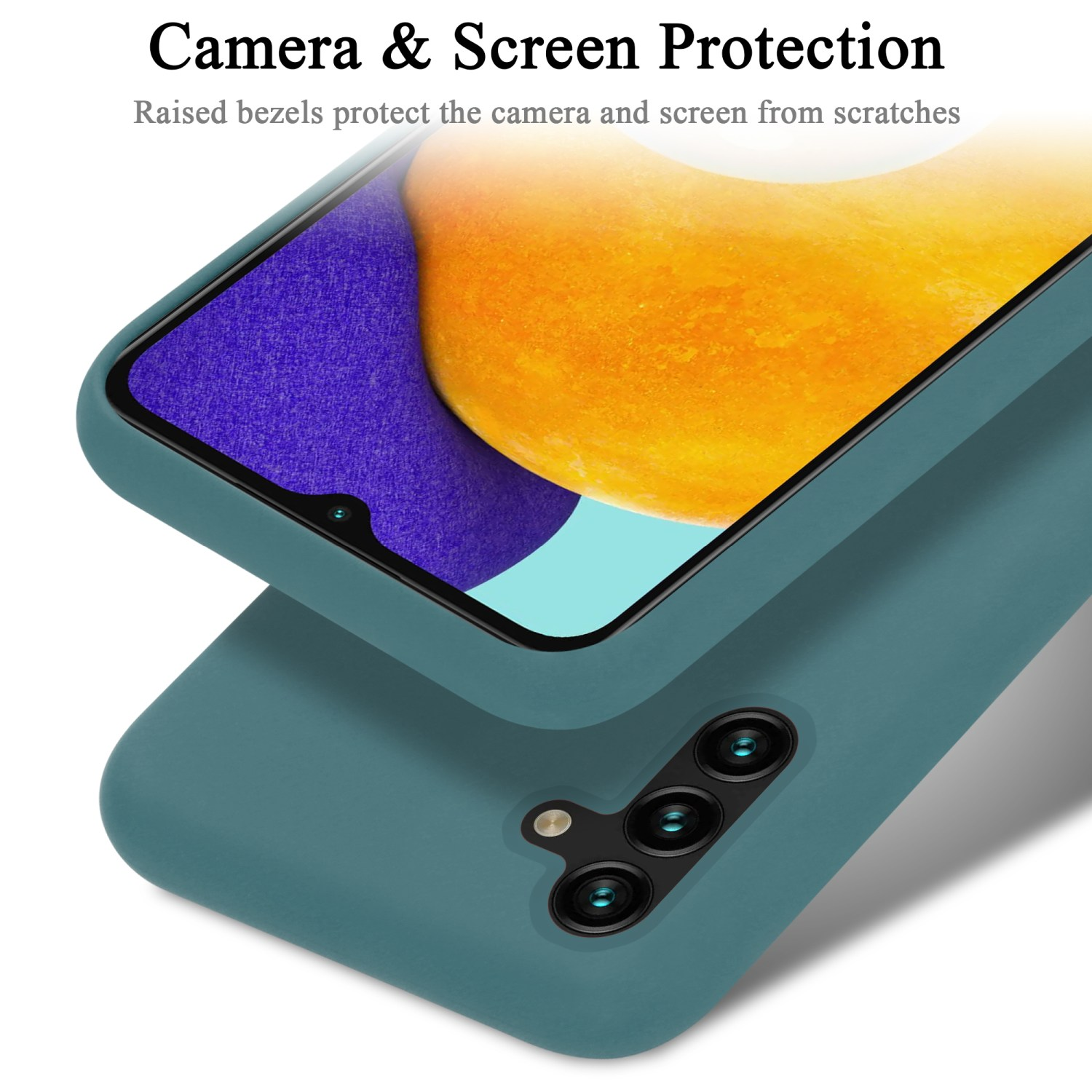 Custodia per telefono verde acqua con telefono. Testo: Protezione fotocamera e schermo. Le cornici rialzate proteggono la fotocamera e lo schermo dai graffi.