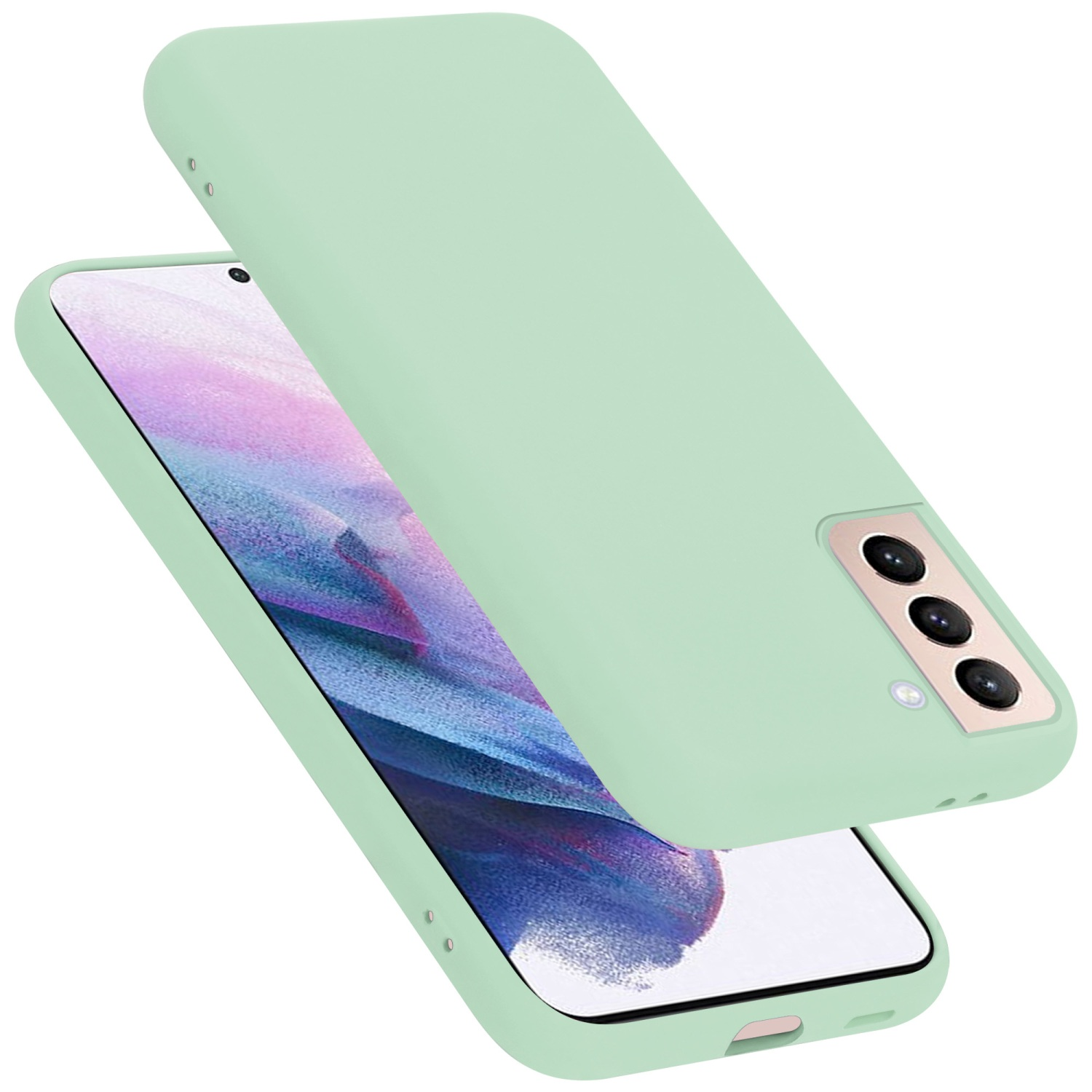 Grüne Handyhülle mit Telefon darin. Telefon und Hülle sind zu sehen.