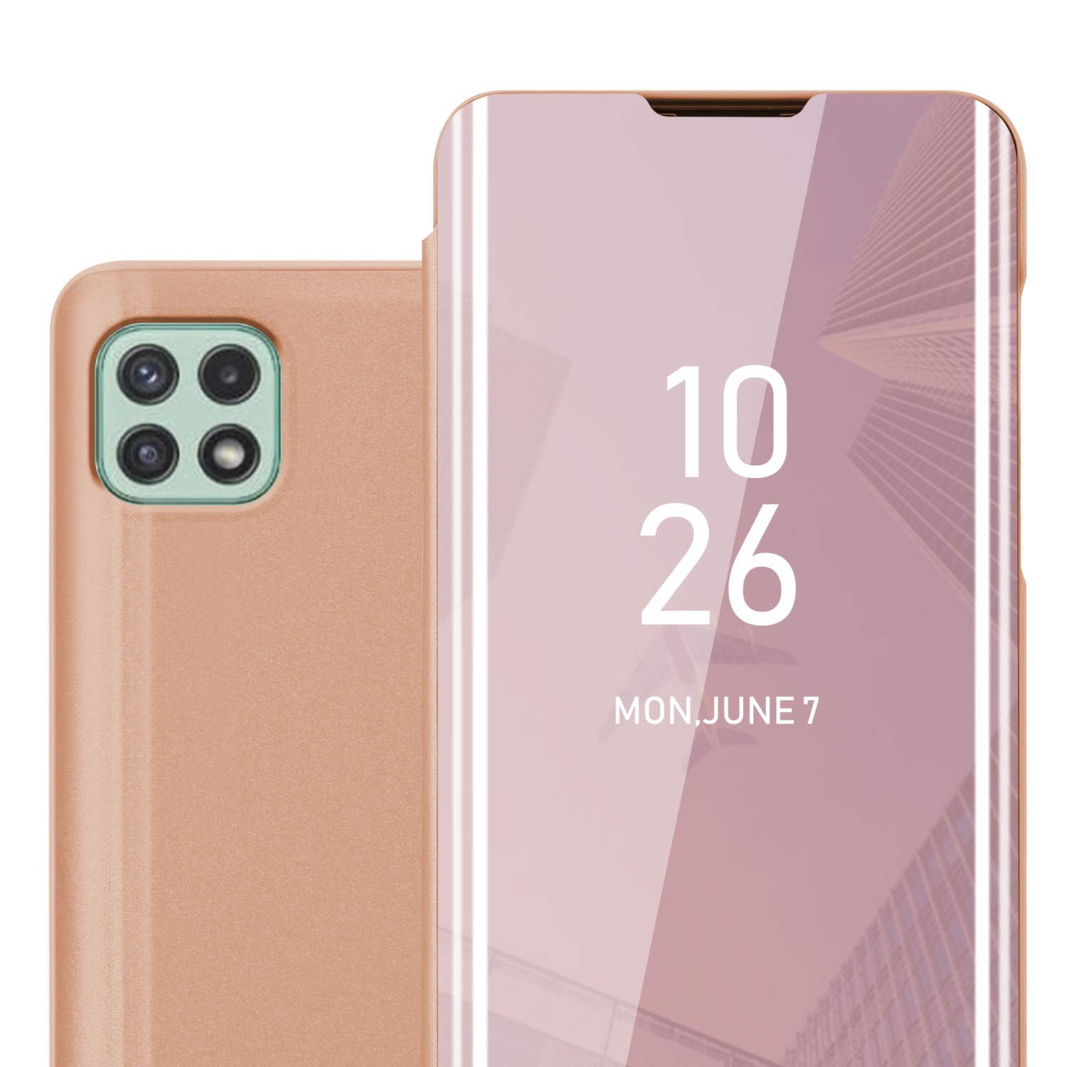 Una custodia per telefono con uno schermo che mostra la data e l'ora. Ha una fotocamera.