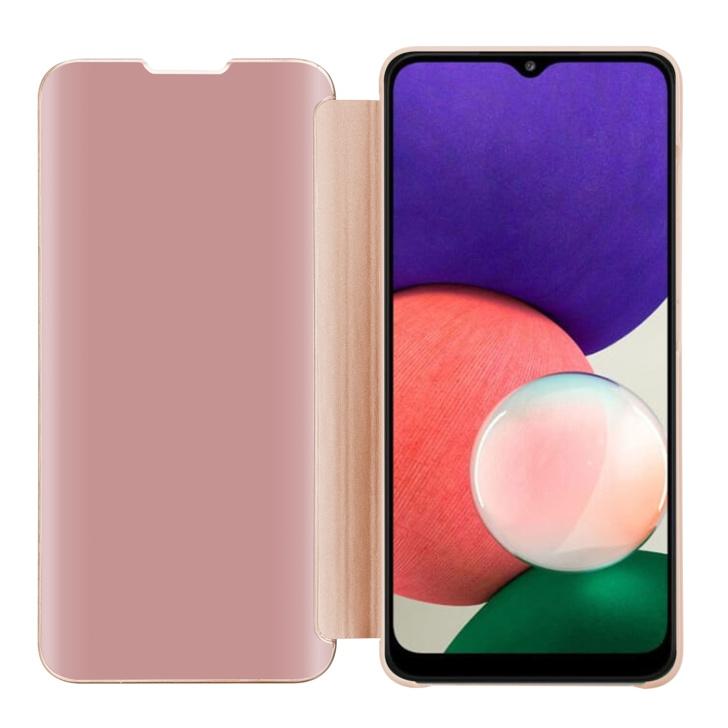 Una custodia per telefono color oro rosa, con un telefono visibile, su sfondo bianco. La custodia è aperta.
