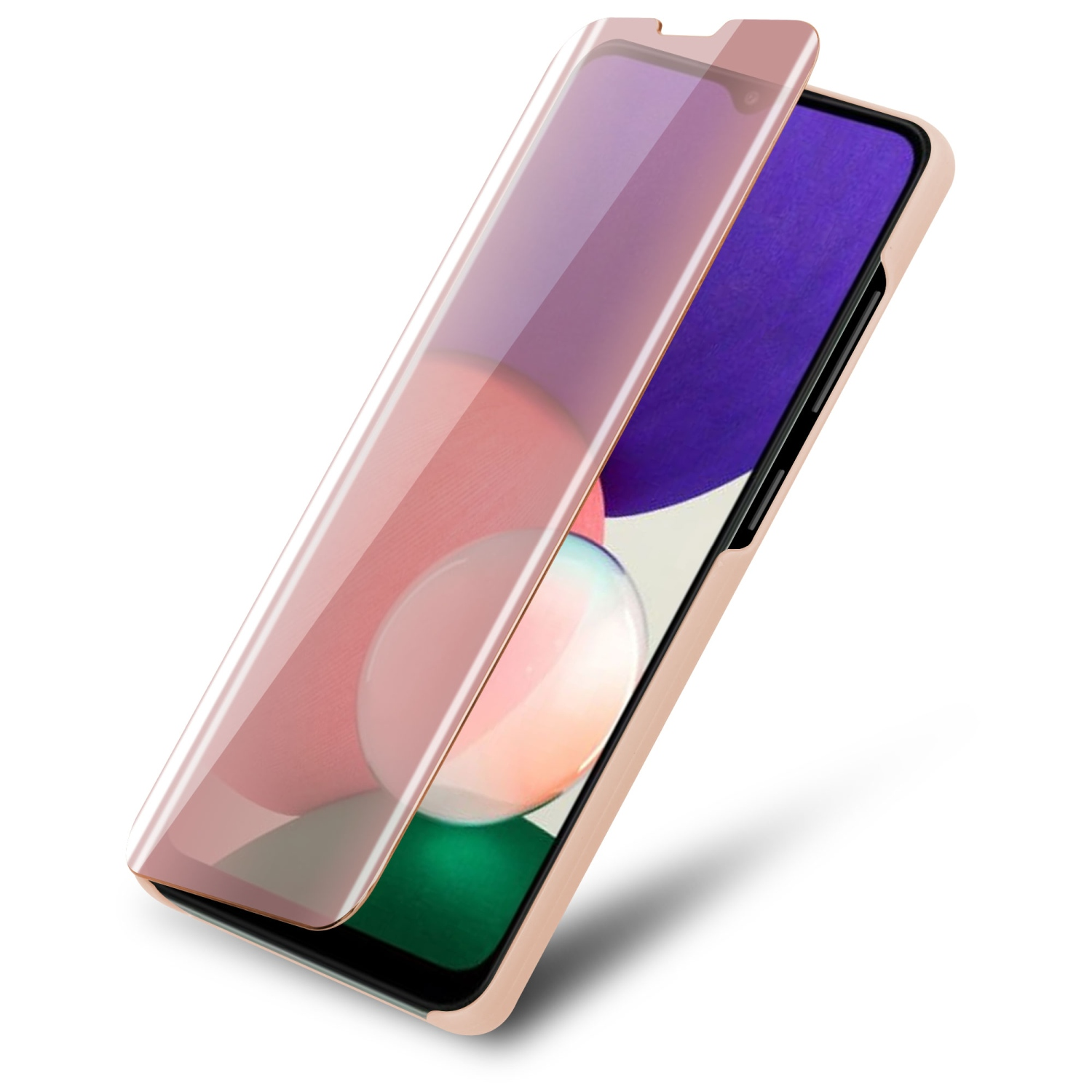 Un telefono con una protezione per lo schermo in fase di applicazione. La custodia è di colore rosa pallido.