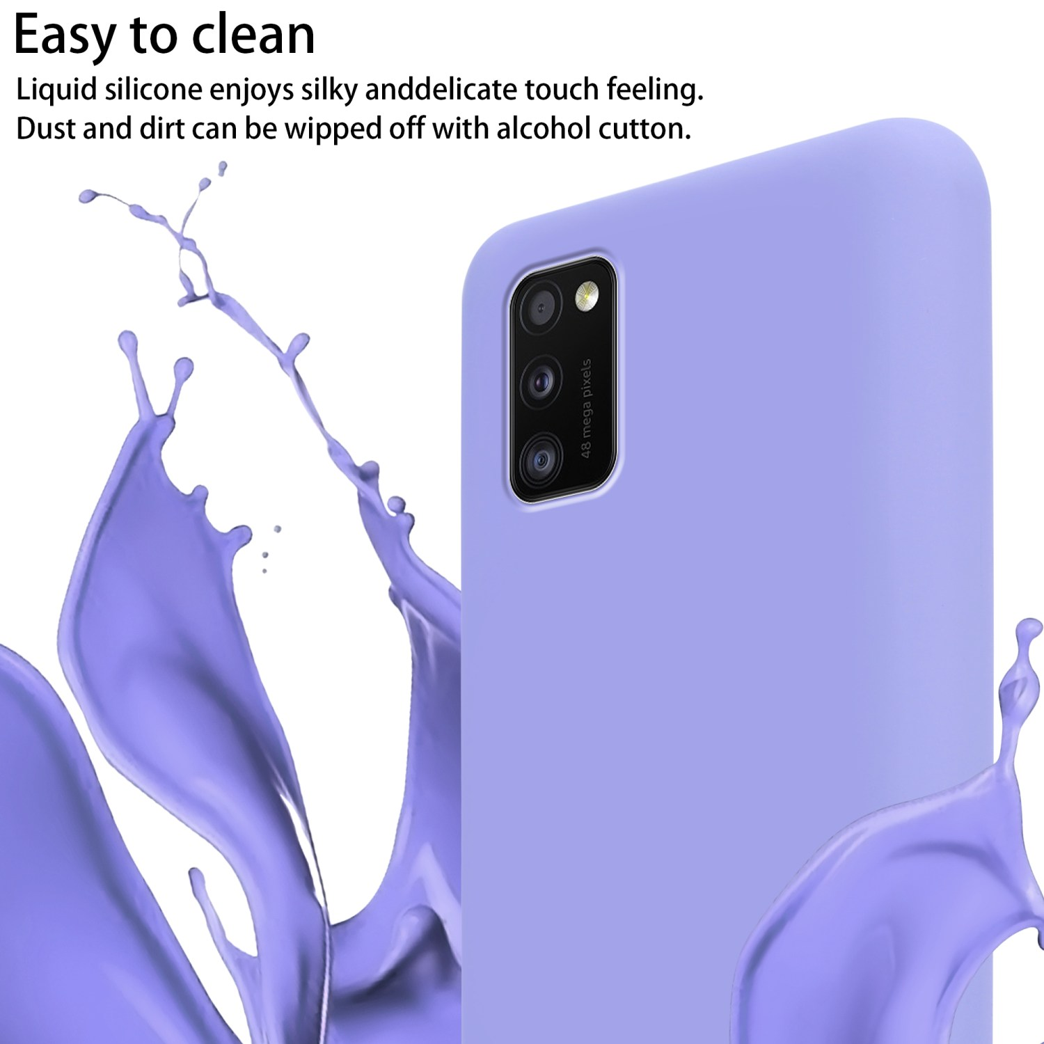 Una custodia per telefono viola con la fotocamera visibile. Schizzi di vernice viola a sinistra.