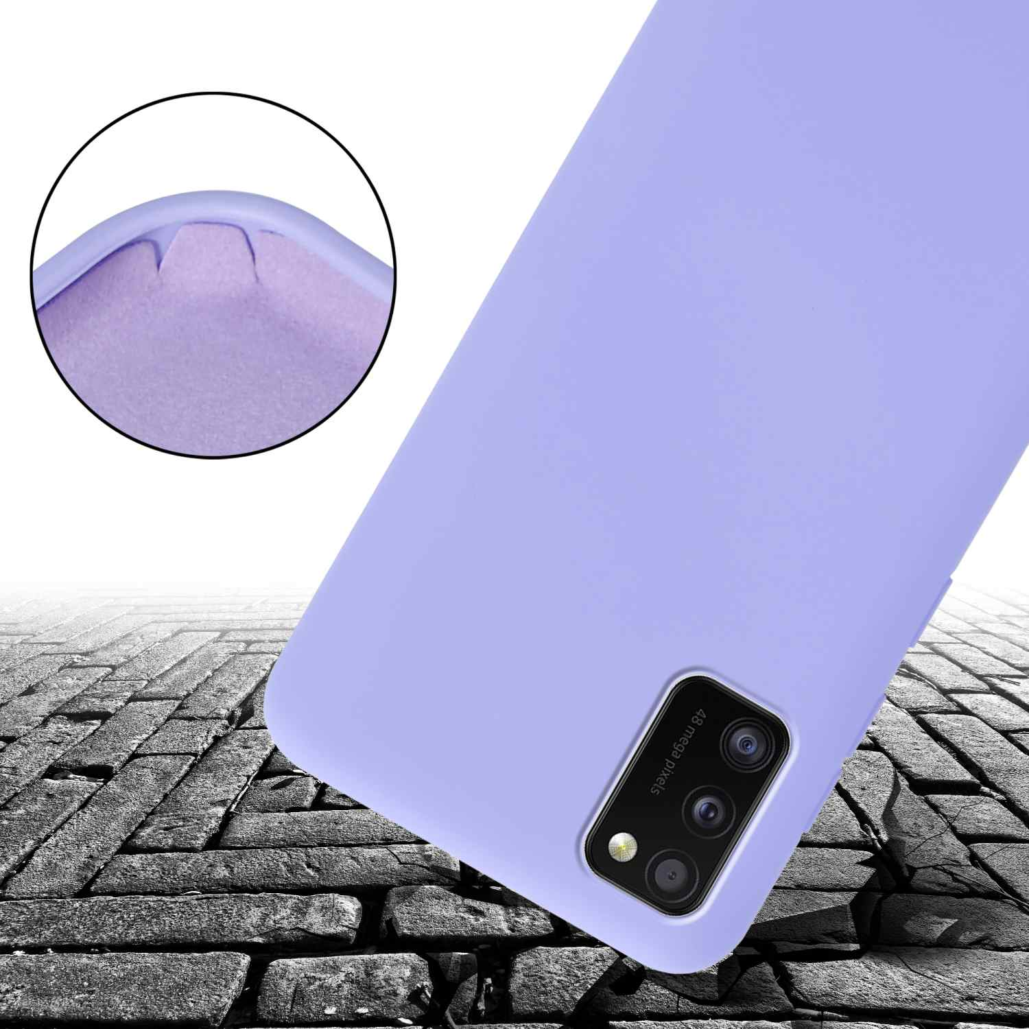 Una custodia per telefono viola con bordo rialzato, angolata su un motivo a mattoni.