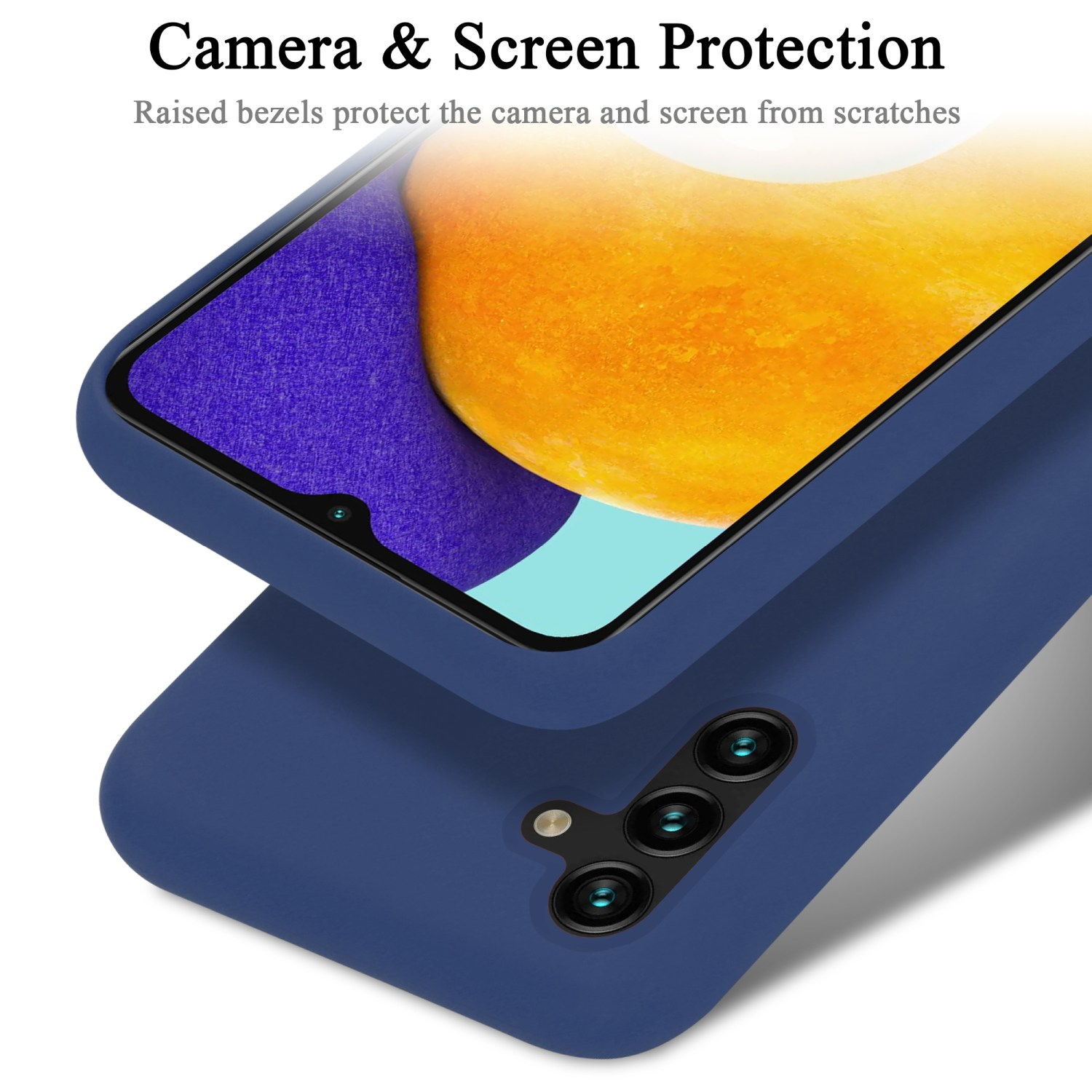 Blaue Handyhülle mit Telefon. Text: Kamera- und Bildschirmschutz. Erhöhte Blenden.
