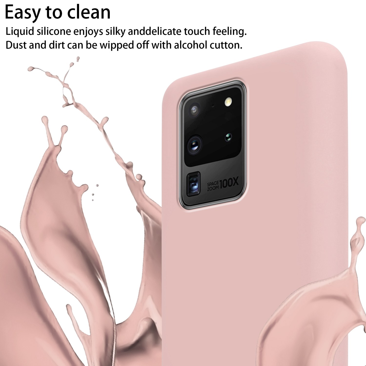 Primo piano di custodia rosa con telefono. Testo: Facile da pulire.
