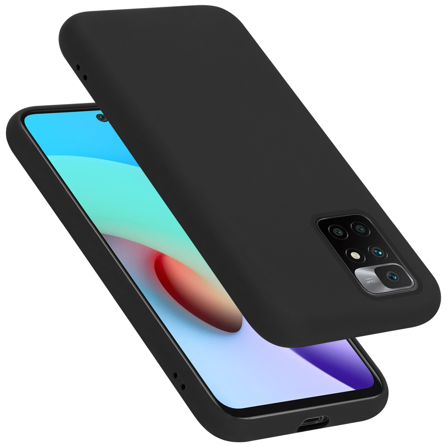 Eine schwarze Handyhülle mit einem Telefon. Die Hülle hat einen Kameraabschnitt.