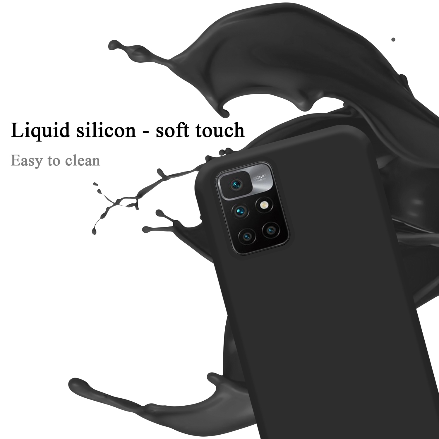 Schwarze Handyhülle mit Flüssigkeitsspritzer-Effekt. Text 'Liquid silicon - soft touch'.
