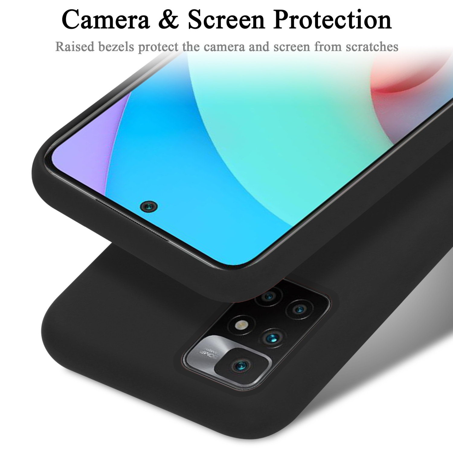 Schwarze Handyhülle mit Telefon. Kamera- und Bildschirmschutz, erhöhte Blenden schützen.