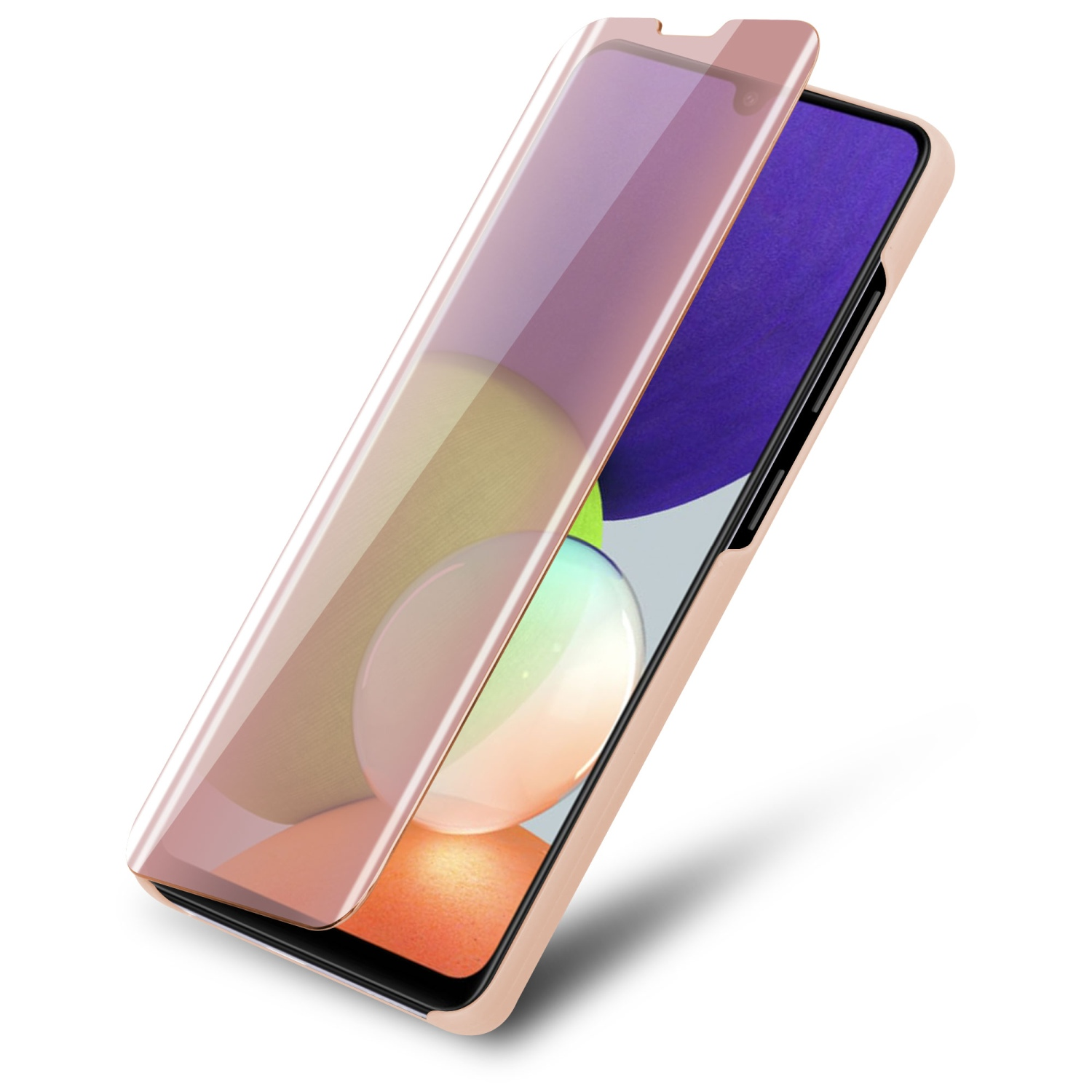 Telefono con protezione per lo schermo in applicazione. Entrambi sono oro rosa.