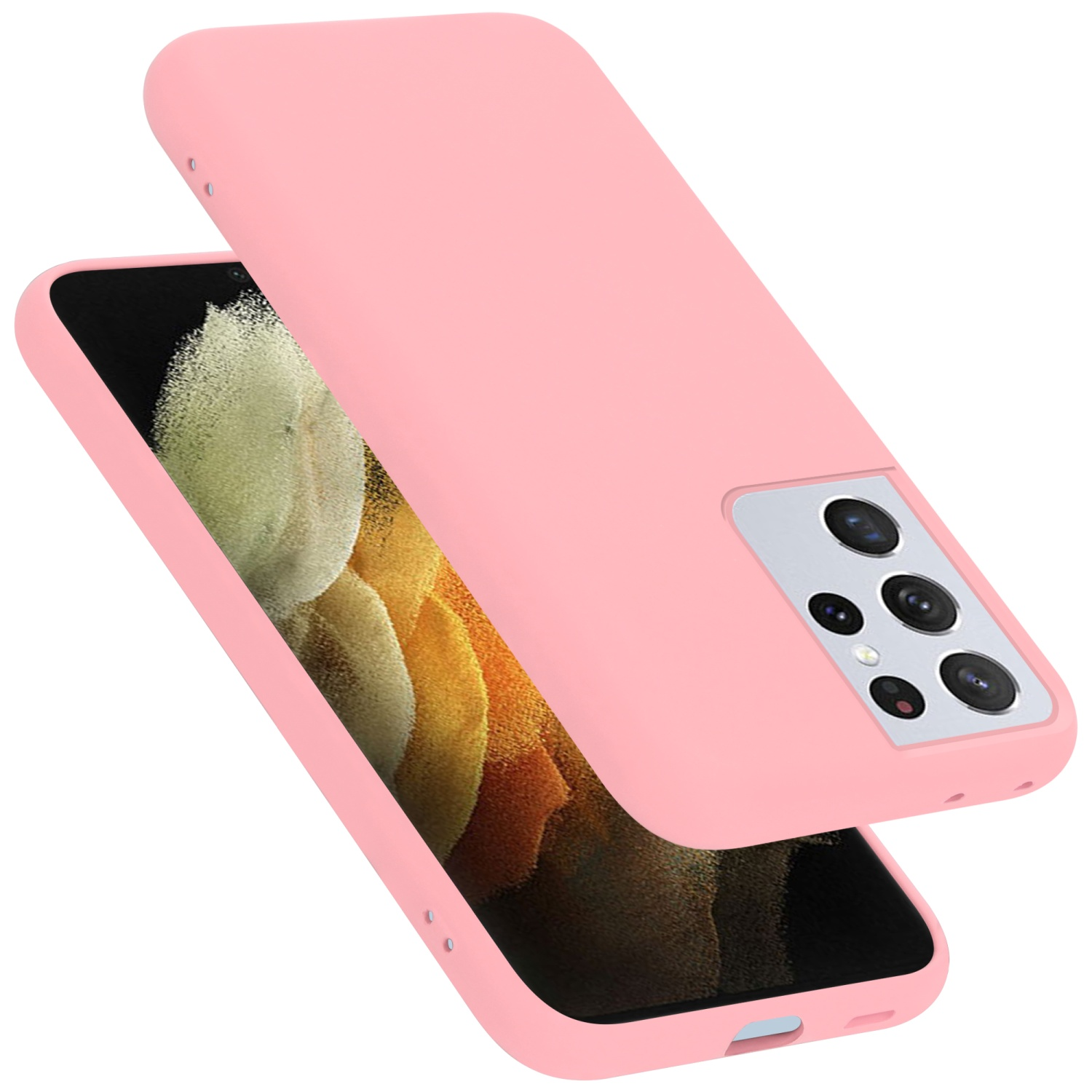 Funda de teléfono rosa con un teléfono dentro. La funda está sobre una superficie blanca.