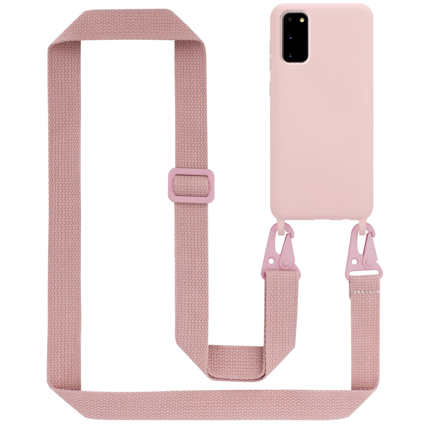 Telefono rosa con custodia e cinturino rosa, il cinturino è appeso.