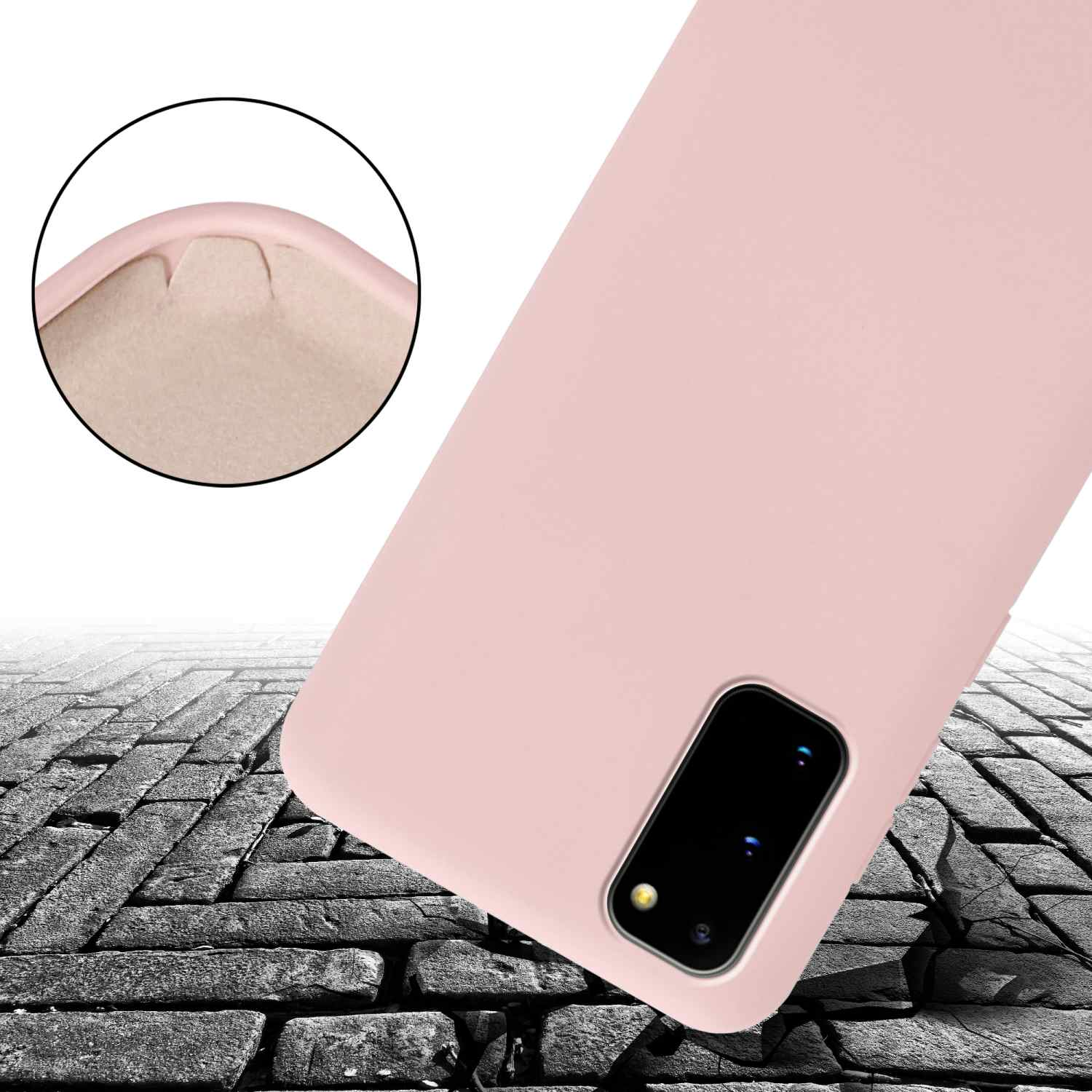 Custodia per telefono rosa su terreno crepato. Mostra l'angolo del telefono e l'impatto.