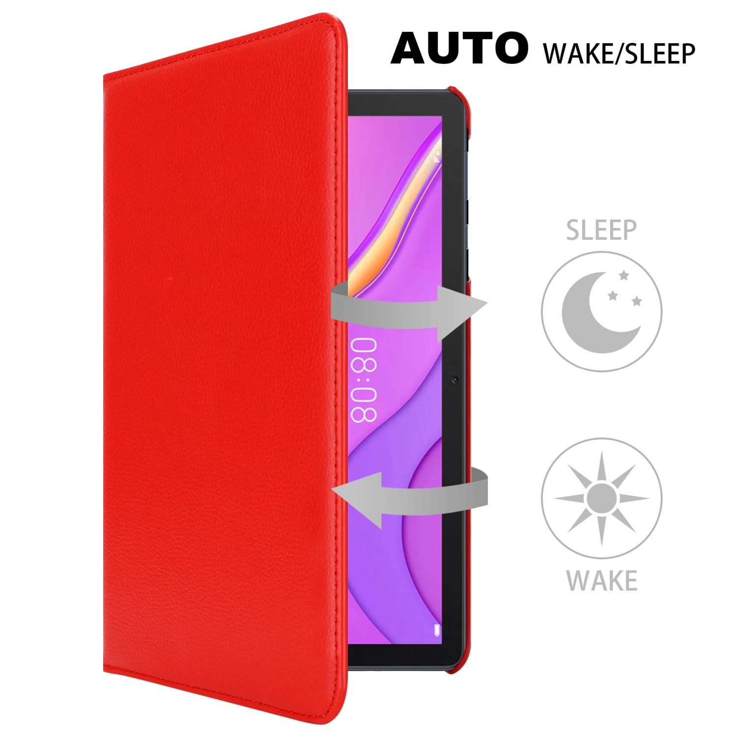 Custodia per tablet rossa, aperta. Testo: Accensione/spegnimento automatico. Le frecce mostrano il tablet in sospensione e riattivazione. Simboli mostrano sospensione e riattivazione.