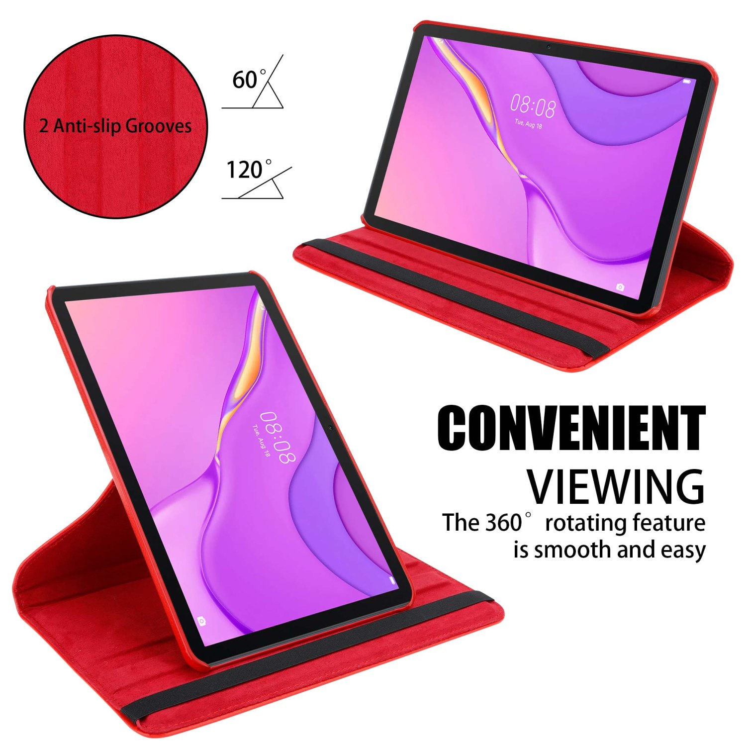 Custodia per tablet rossa, due viste. Schermo del tablet angolato a 60 e 120 gradi.