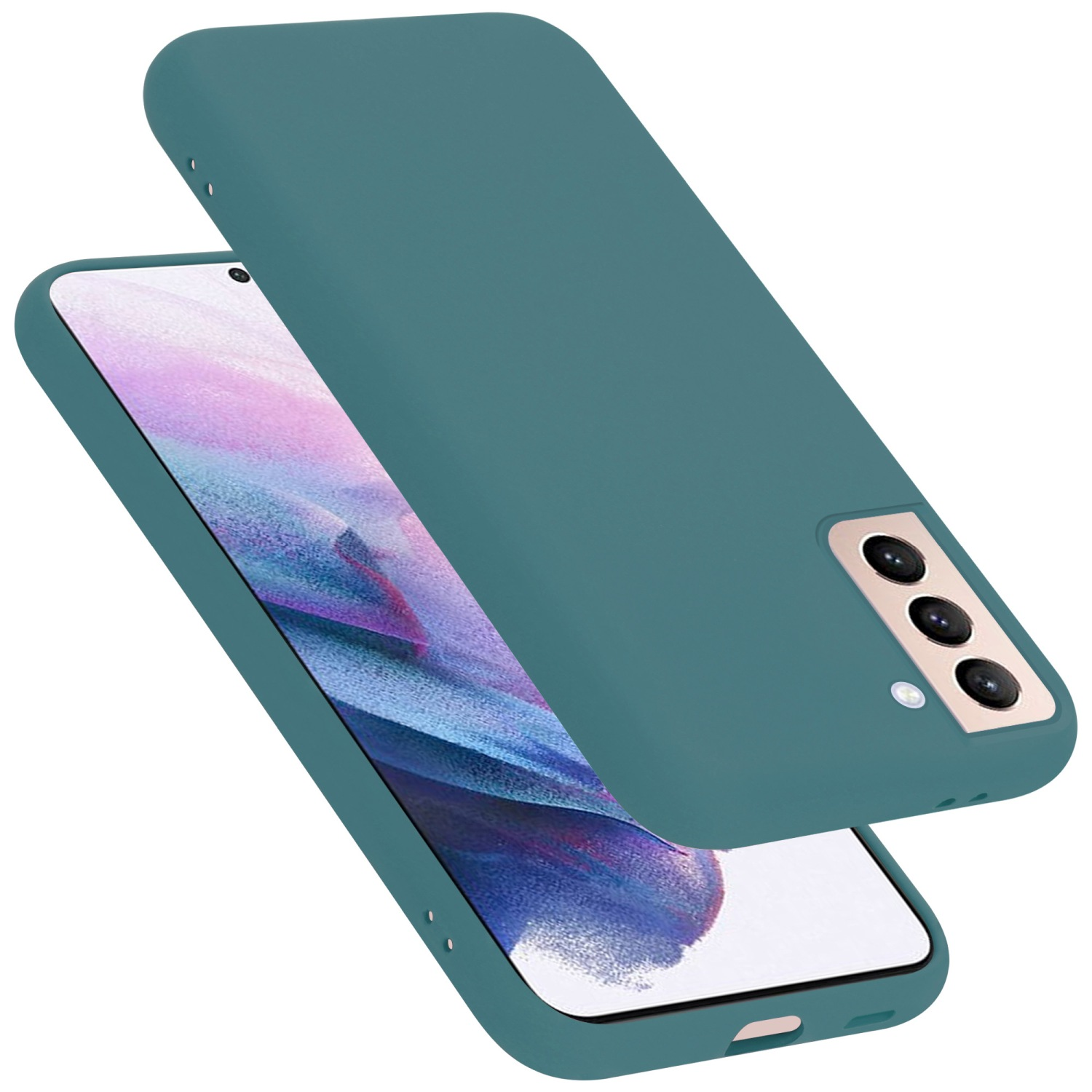 Funda de teléfono turquesa con teléfono dentro. La funda está abierta.