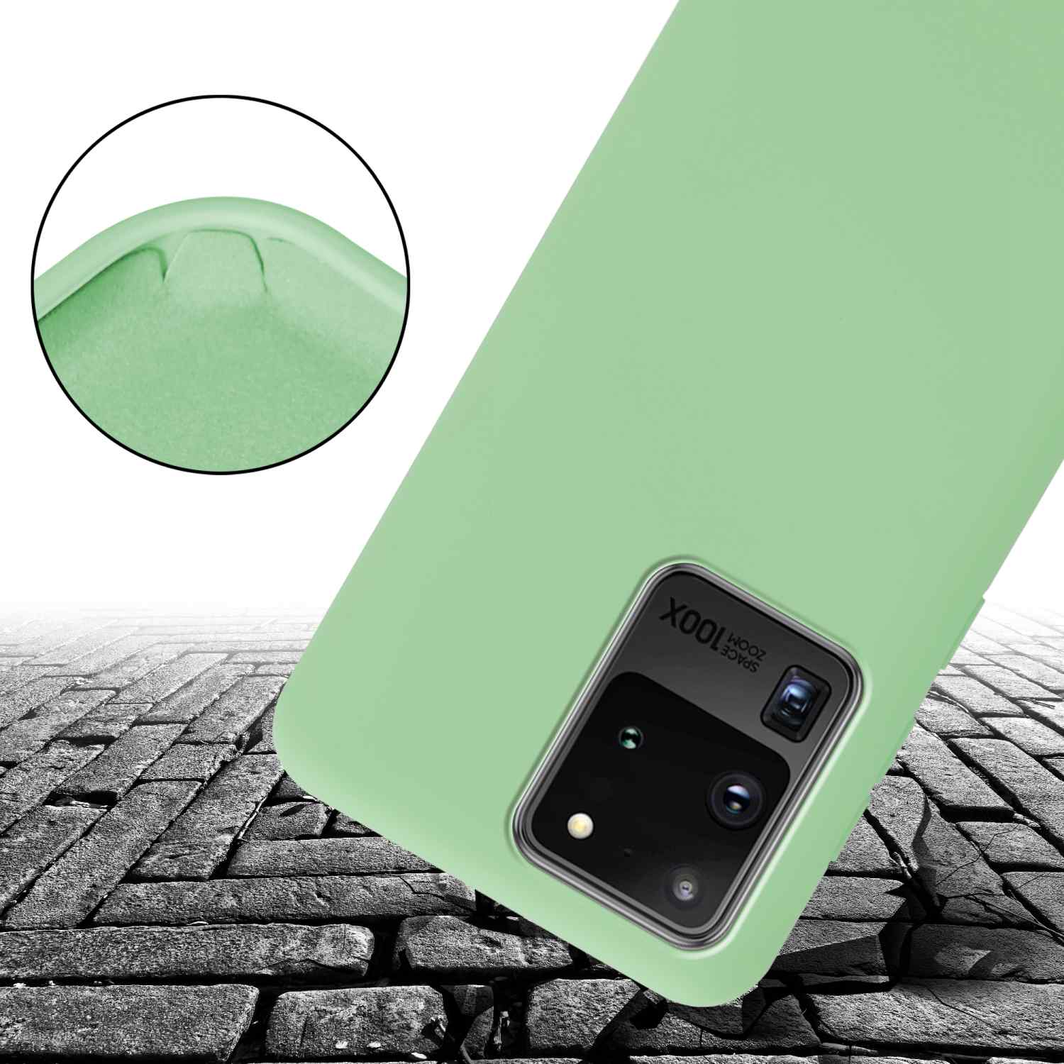 Custodia verde per telefono, vista angolata. Mostra un angolo con impatto da caduta.