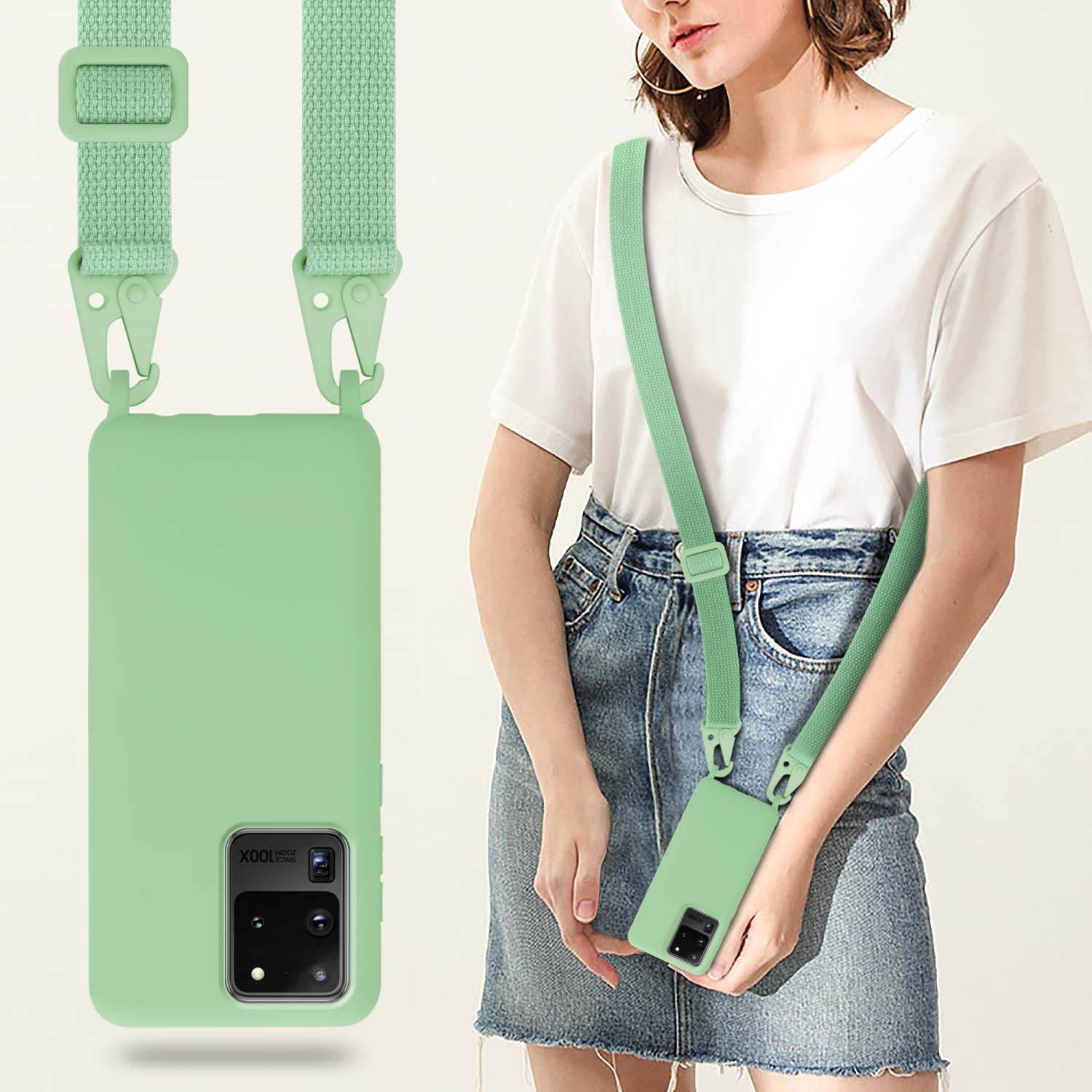 Donna con custodia per telefono verde menta con cinturino verde menta. La custodia ha una fotocamera.