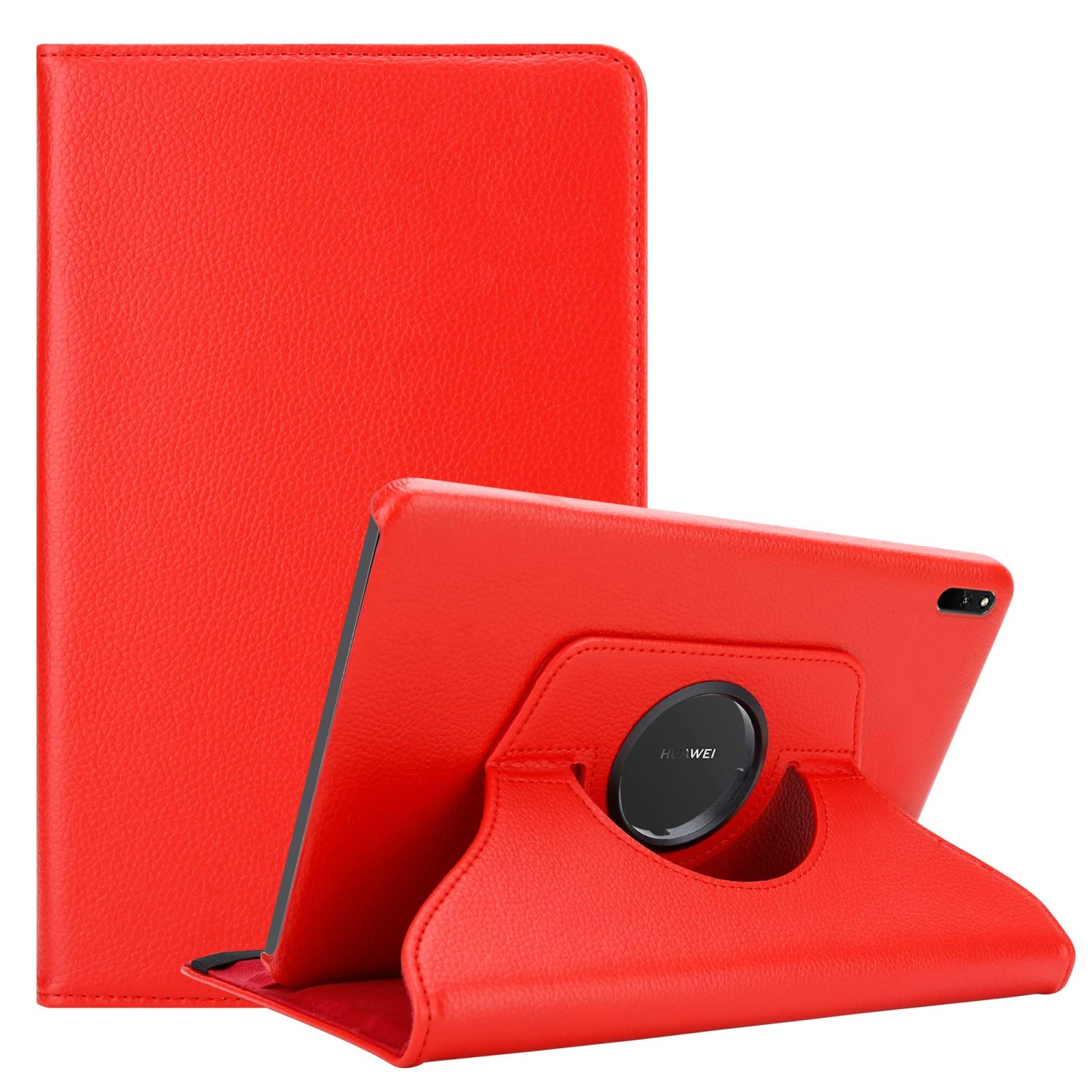 Funda de tableta roja, abierta, con tableta visible, sobre fondo blanco. Cuenta con un soporte.