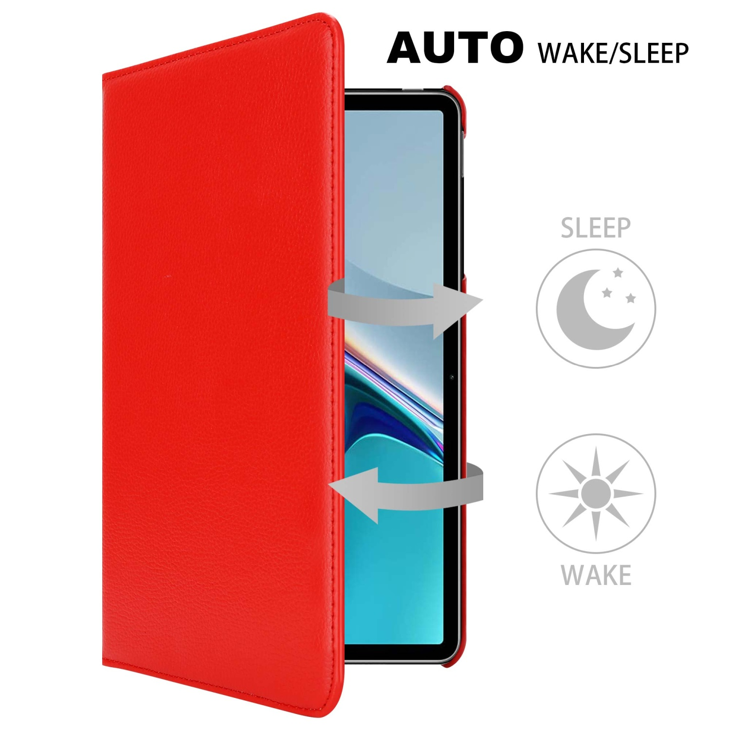 Funda de teléfono roja, abierta, mostrando una tableta. Función de encendido/apagado automático. Se muestran símbolos de luna y sol.