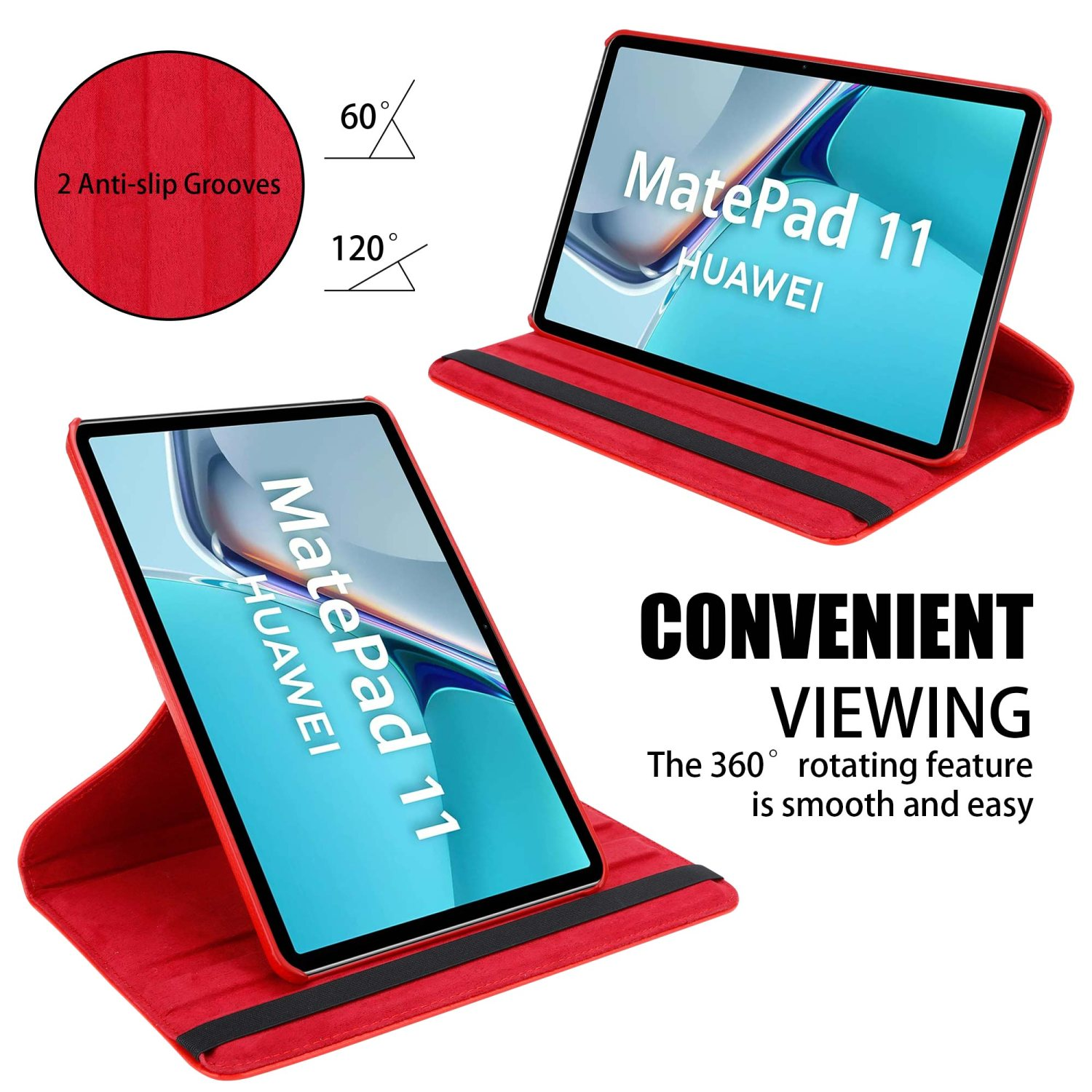 Funda roja para tableta con una tableta dentro. Texto: Visualización conveniente. La función giratoria de 360° es suave.