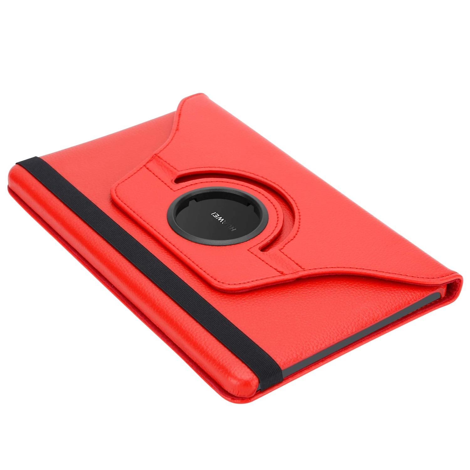 Funda roja para tableta con una correa elástica negra. La funda está abierta.