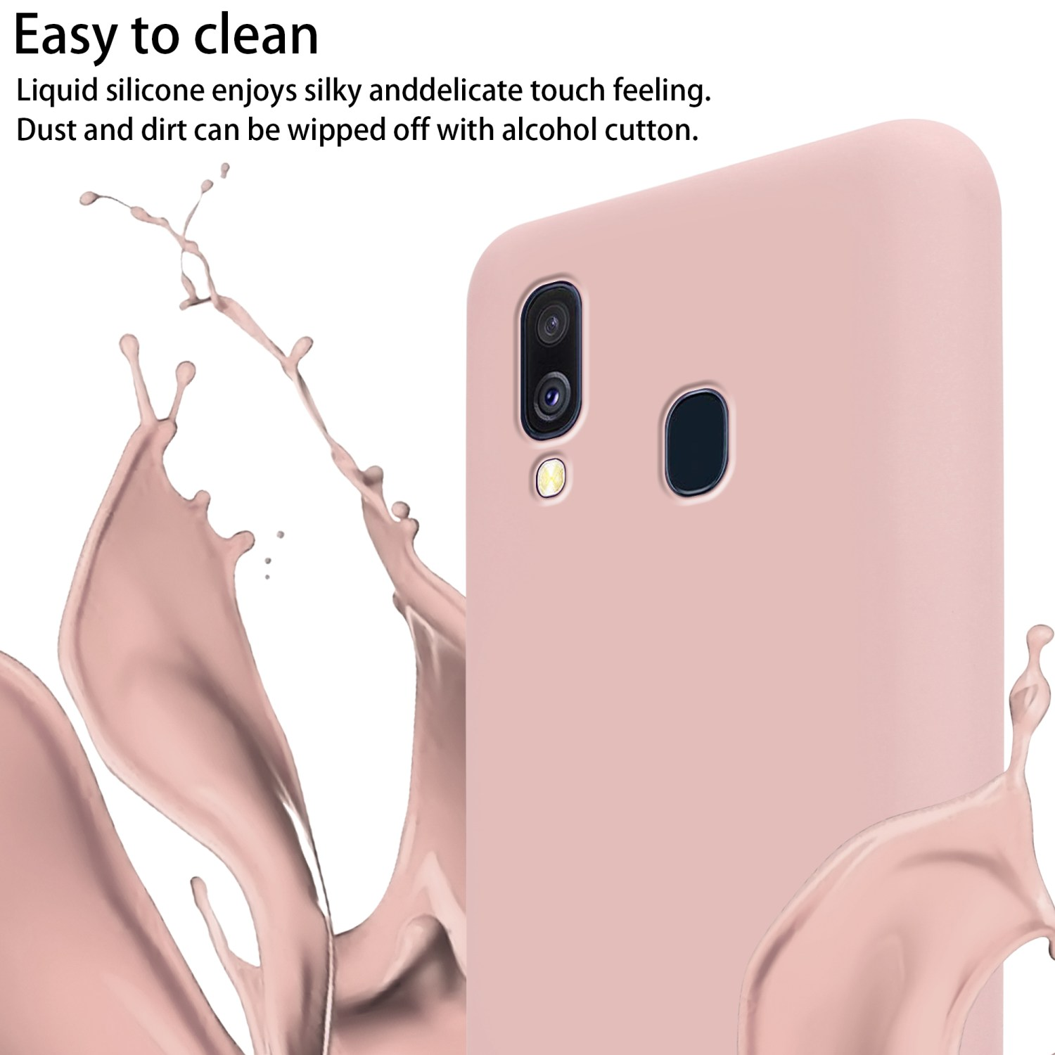 Un telefono rosa con custodia, con uno schizzo di liquido sul lato. Lo sfondo è bianco.