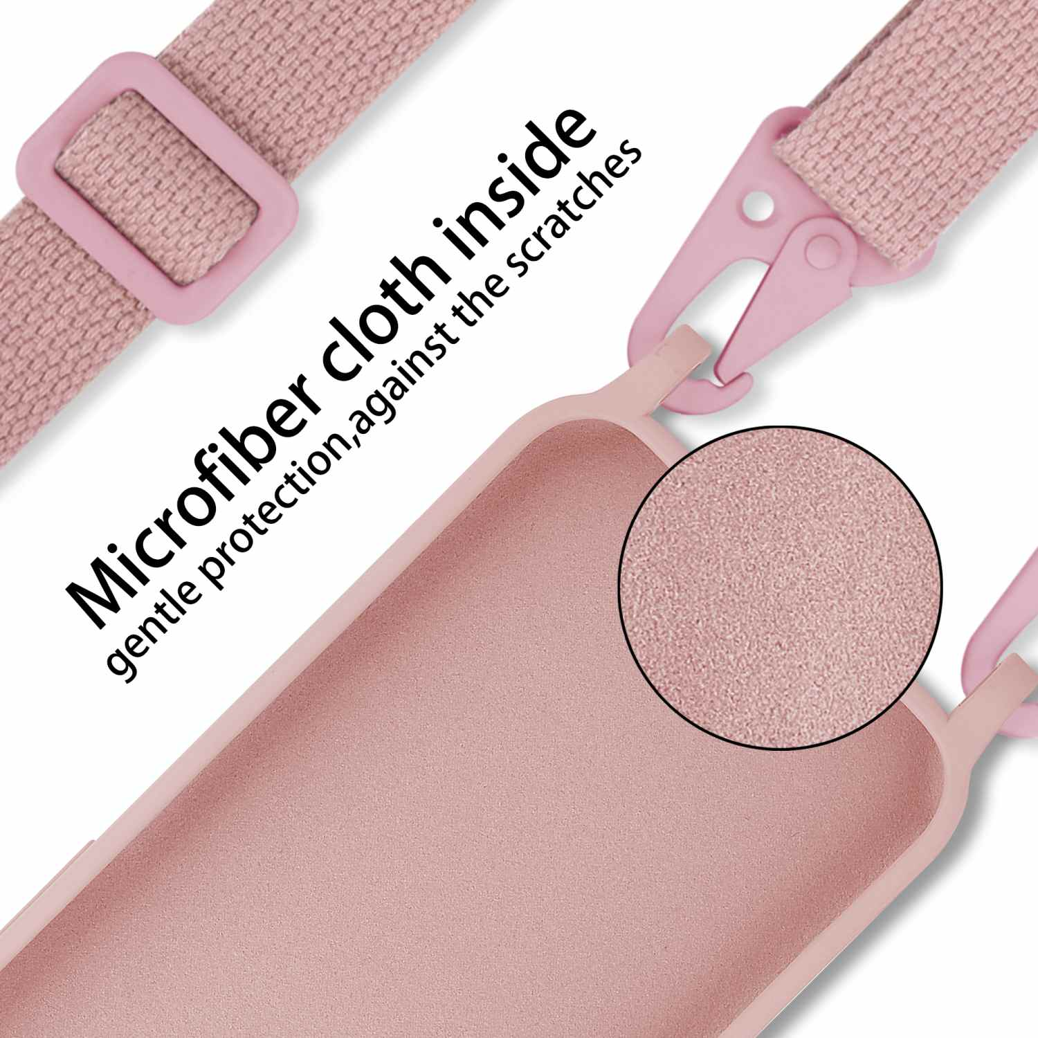 Custodia rosa per telefono con cinturino rosa. Testo: Panno in microfibra all'interno, protezione delicata dai graffi.