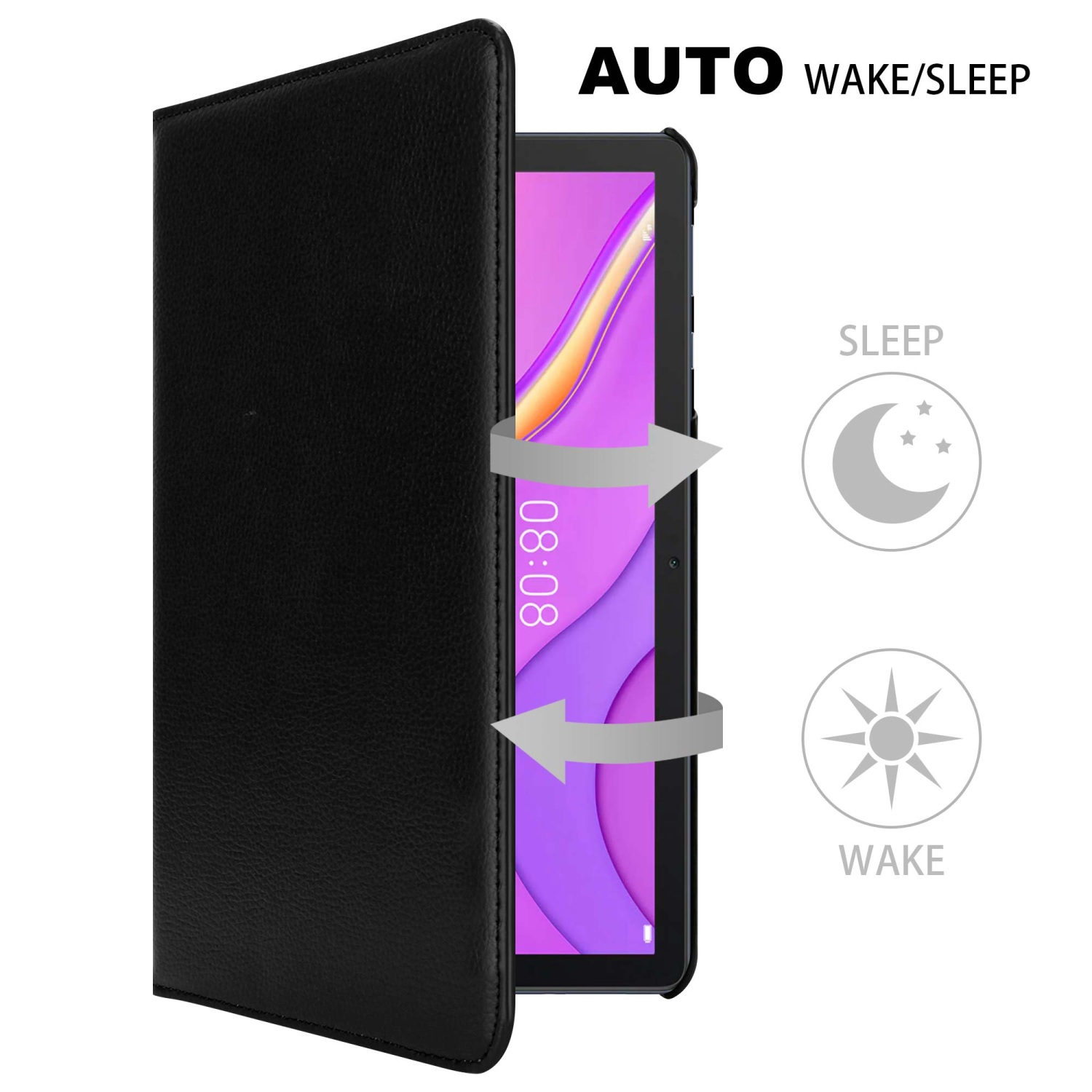 Custodia per tablet nera, aperta, che mostra un tablet. La custodia ha la funzione di accensione/spegnimento automatica con simboli di luna e sole.