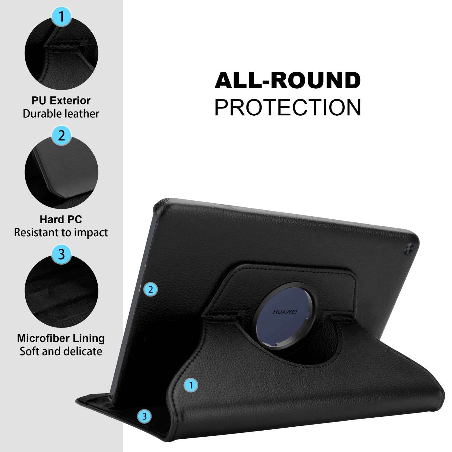 Una custodia per tablet nera che offre una protezione completa. I dettagli includono un esterno in PU, PC rigido e fodera in microfibra.