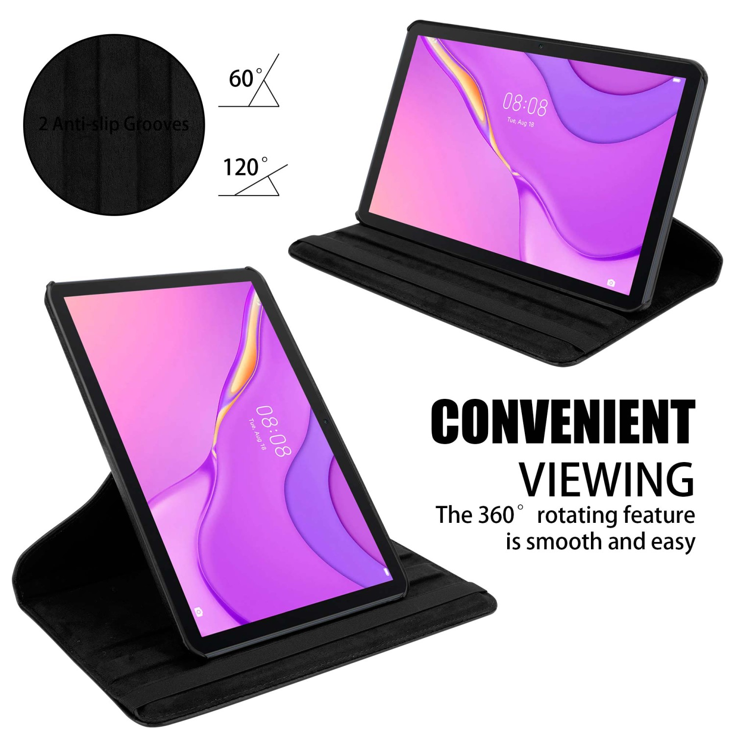 Tablet con custodia nera in due posizioni. Lo schermo mostra un'immagine viola.