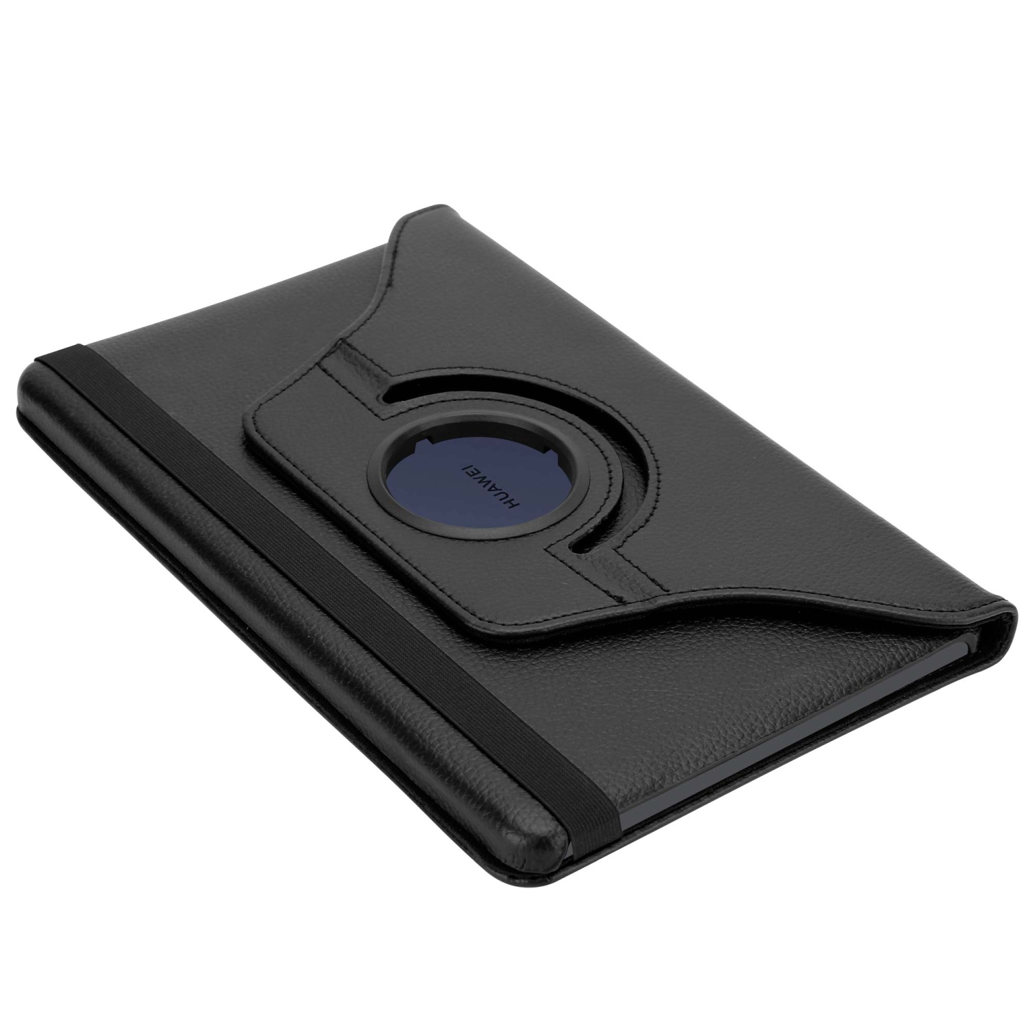 Custodia per tablet in pelle nera. Ha un cinturino e un anello rotante per la fotocamera.