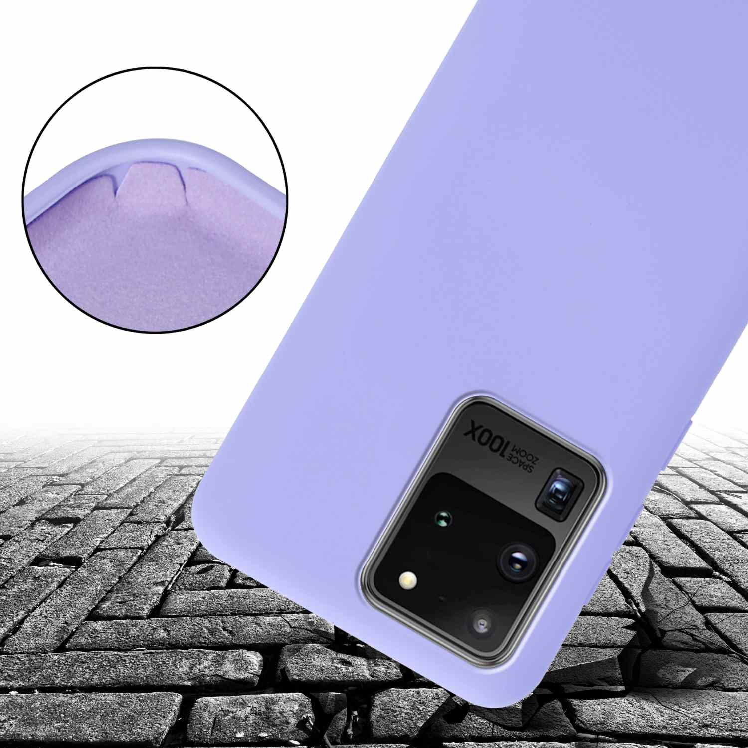 Custodia per telefono lilla su una superficie di mattoni, inclinata, con una vista ravvicinata dell'area della fotocamera.