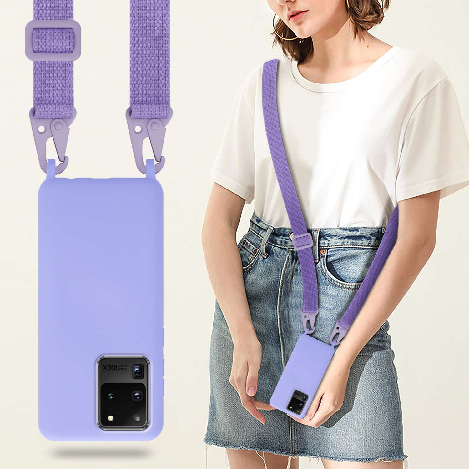 Donna con custodia e cinturino per telefono. La custodia è viola, il cinturino è viola. La donna indossa una camicia bianca.