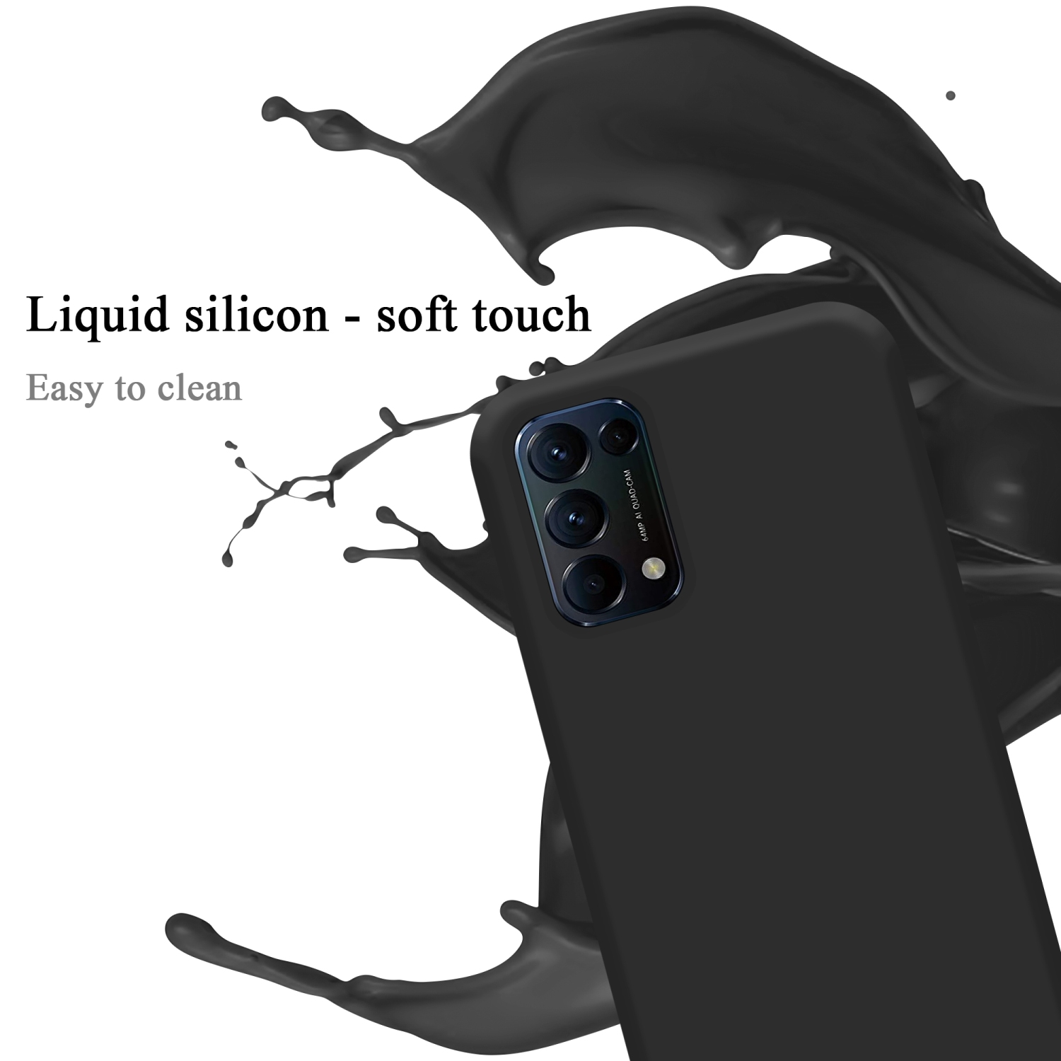 Custodia per telefono nera con schizzo nero. Testo: Silicone liquido - tocco morbido, facile da pulire.