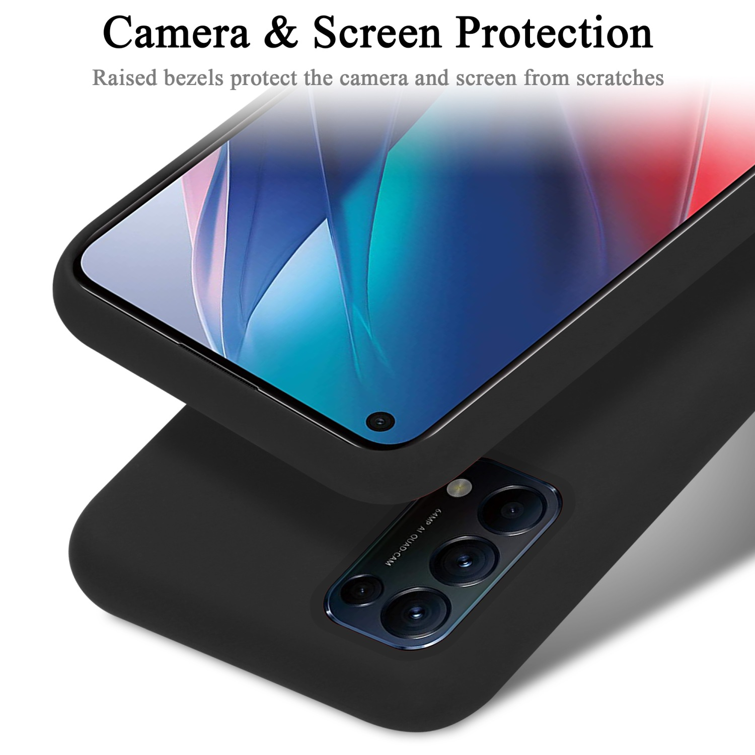 Custodia per telefono nera, che mostra la fotocamera e lo schermo superiori. Due custodie impilate.