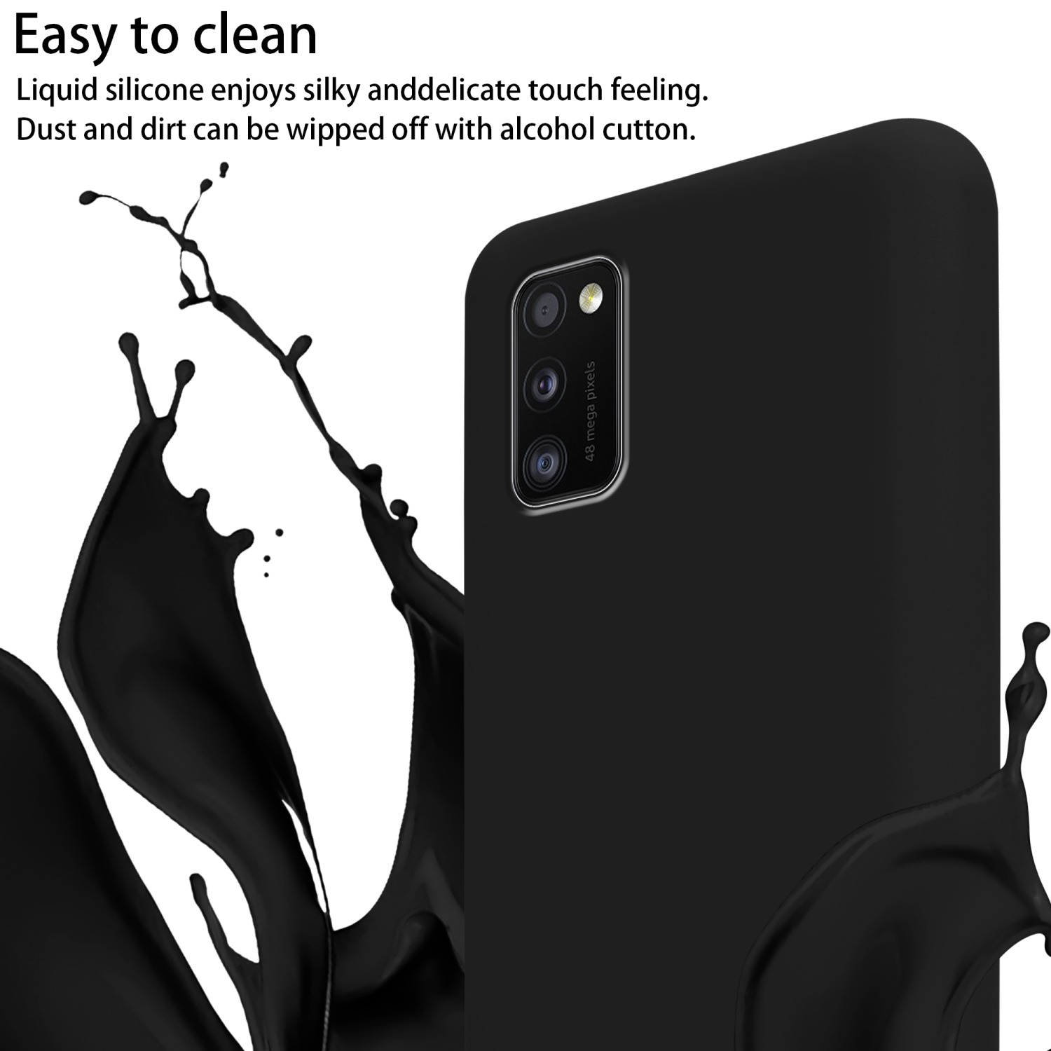 Telefono nero con schizzo di vernice nera. Testo: Facile da pulire, tocco siliconico.