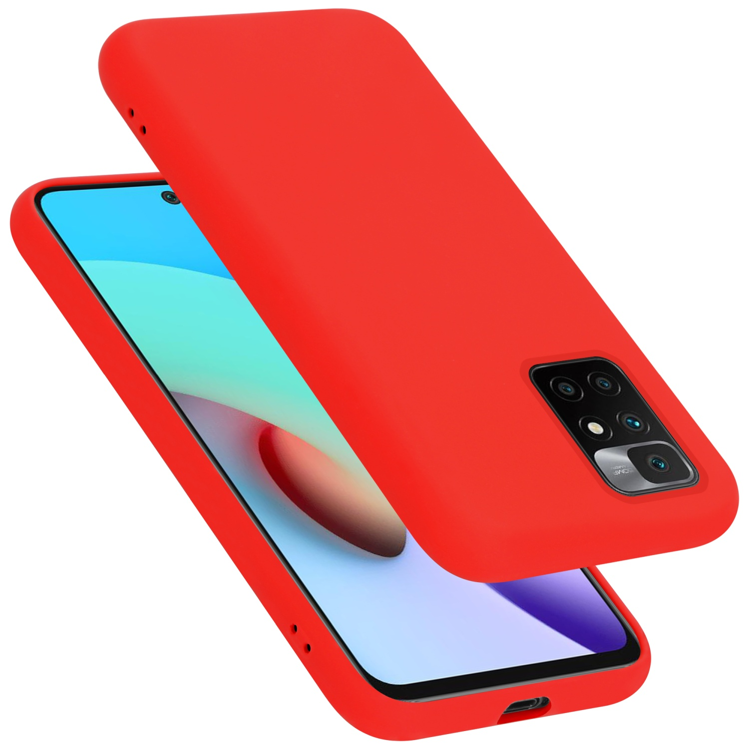 Rote Handyhülle mit Telefon. Die Handyhülle liegt oben.