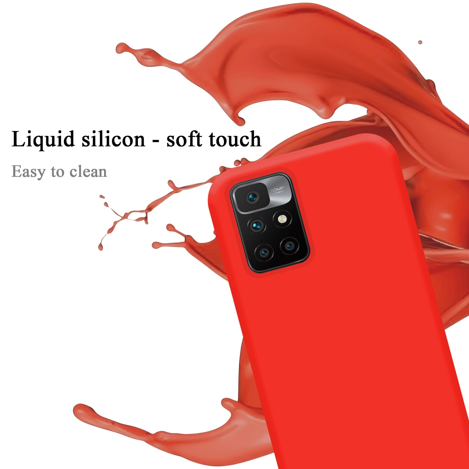 Rote Handyhülle mit Kamera, Flüssigkeitsspritzeffekt und Text: Flüssigsilikon, Soft-Touch, leicht zu reinigen.