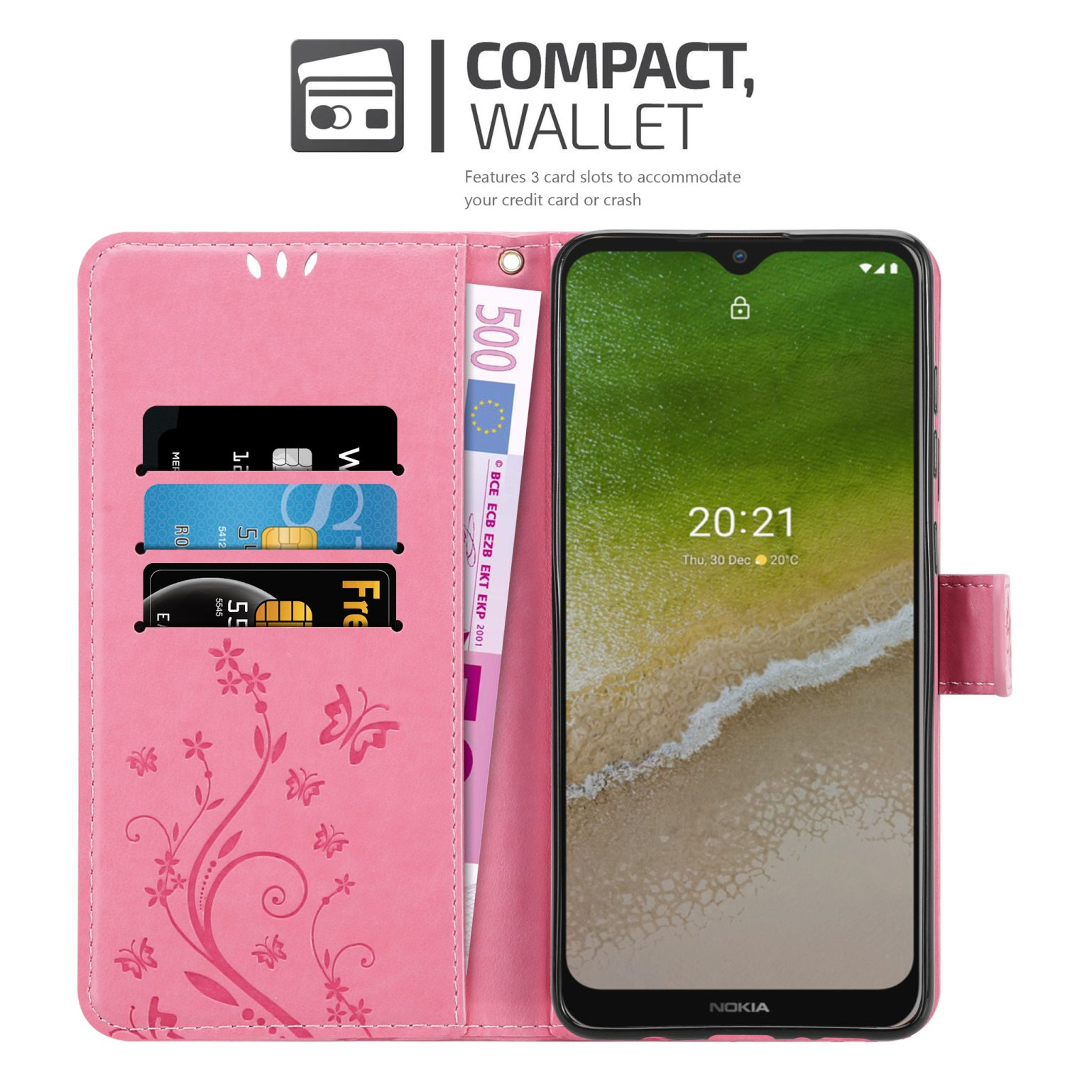 Una custodia a portafoglio rosa con un telefono e slot per carte. Ci sono tre slot per carte e una banconota da 500 euro.