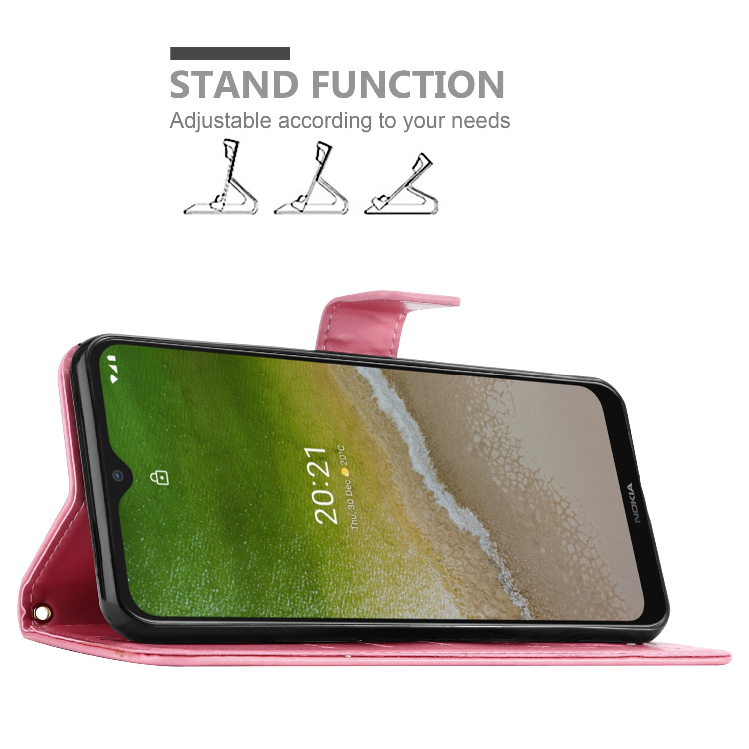 Custodia rosa per telefono con telefono che mostra l'ora. Diagramma della funzione stand. Testo: Funzione stand, regolabile.