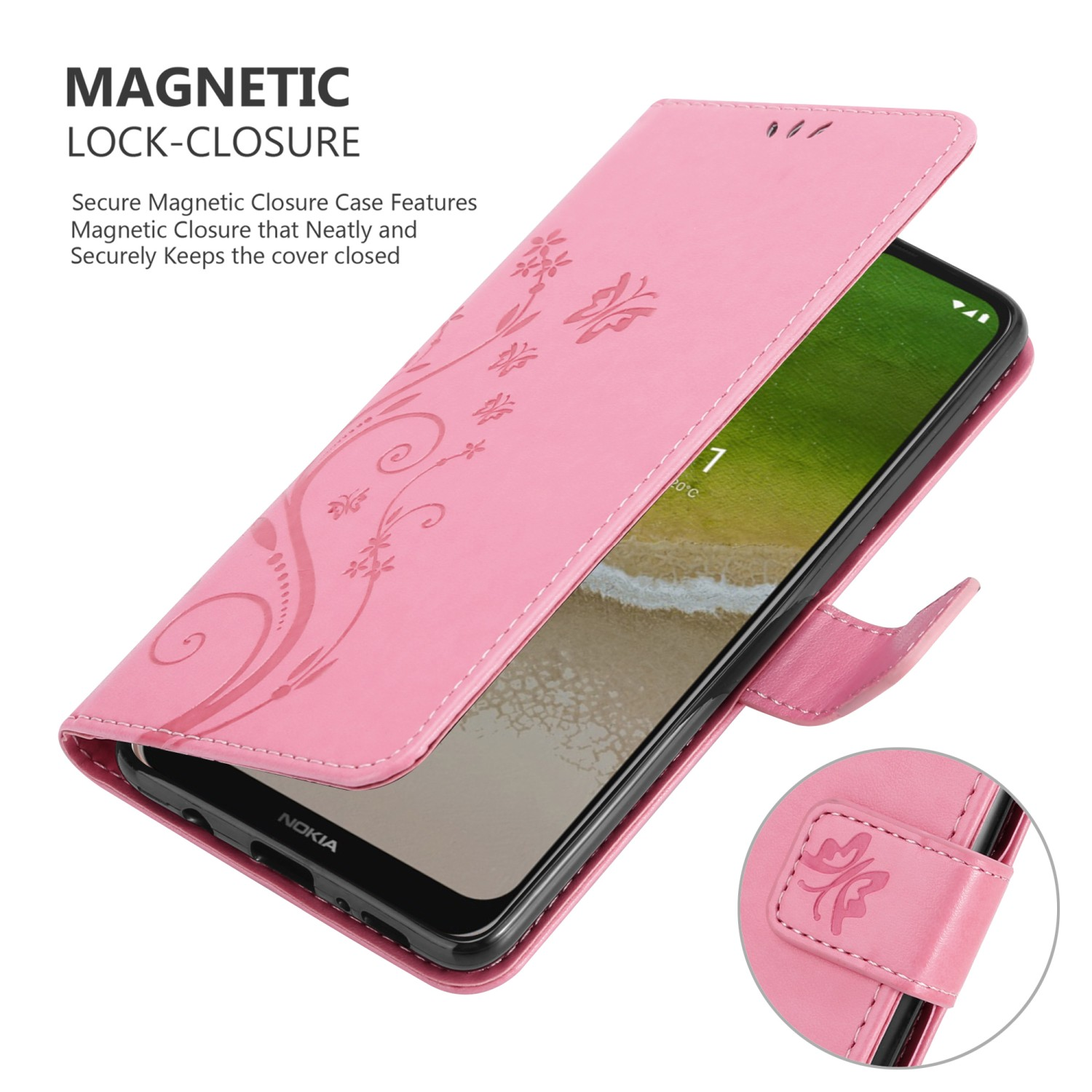 Custodia rosa, aperta che mostra un telefono. Design floreale sulla cover.