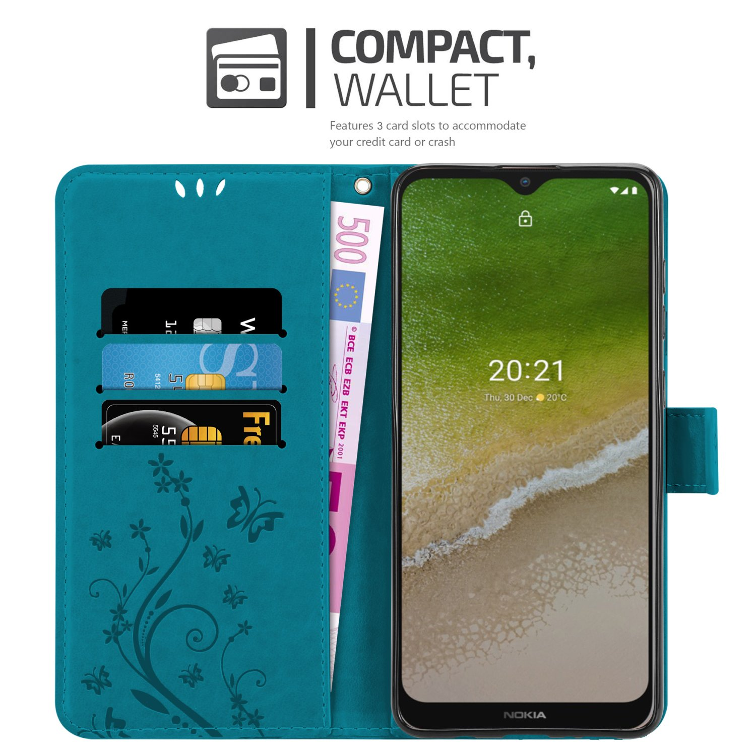 Custodia a portafoglio blu con telefono, carte e denaro. Il telefono è visibile.