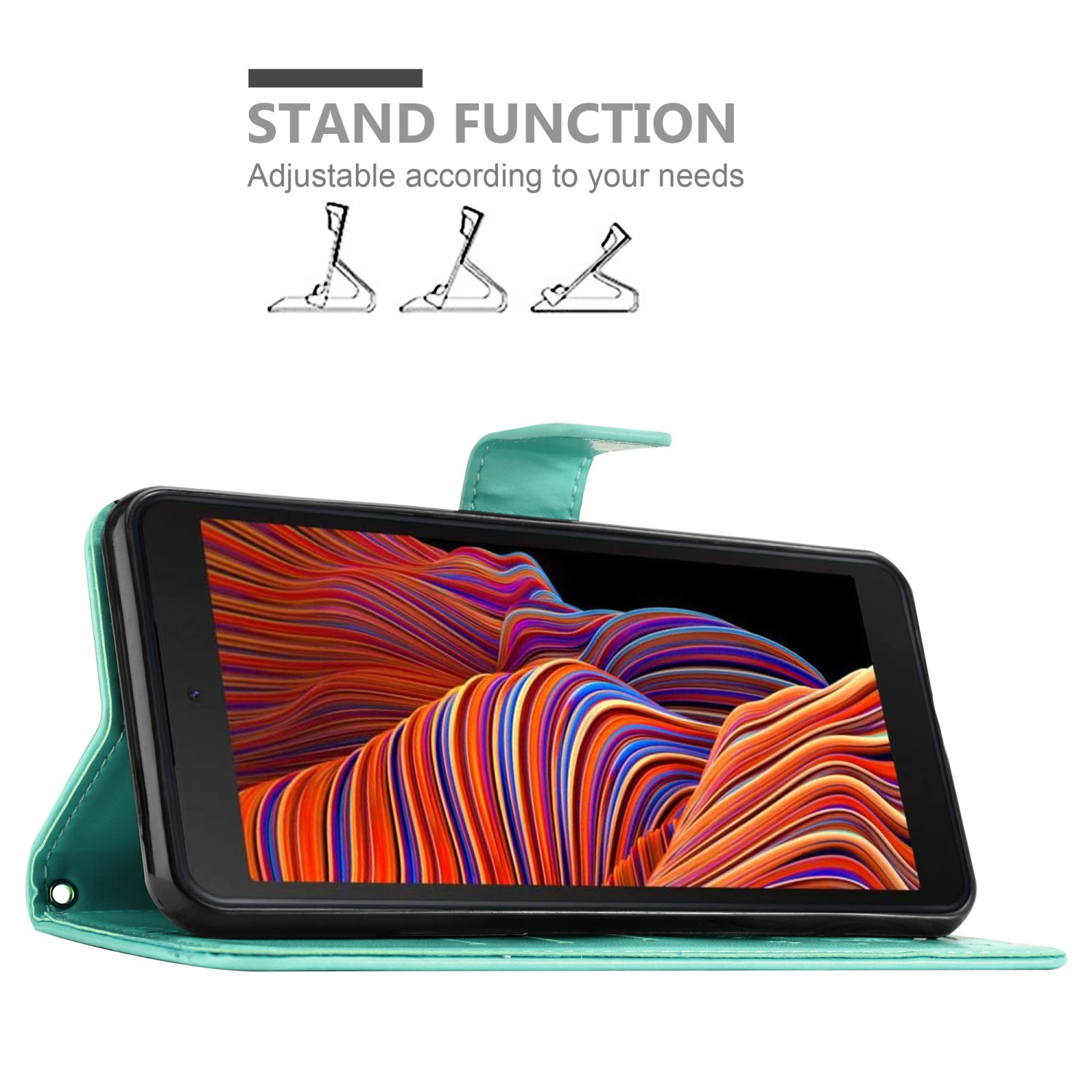 Una custodia per telefono verde acqua, aperta, con uno schermo di tablet che mostra arte astratta colorata.