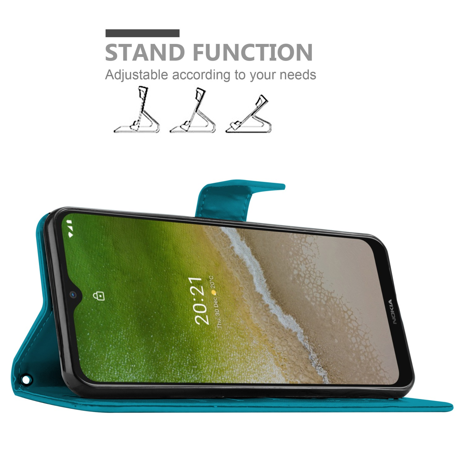 Una custodia per telefono verde acqua con un telefono all'interno è aperta. Testo: Funzione supporto.
