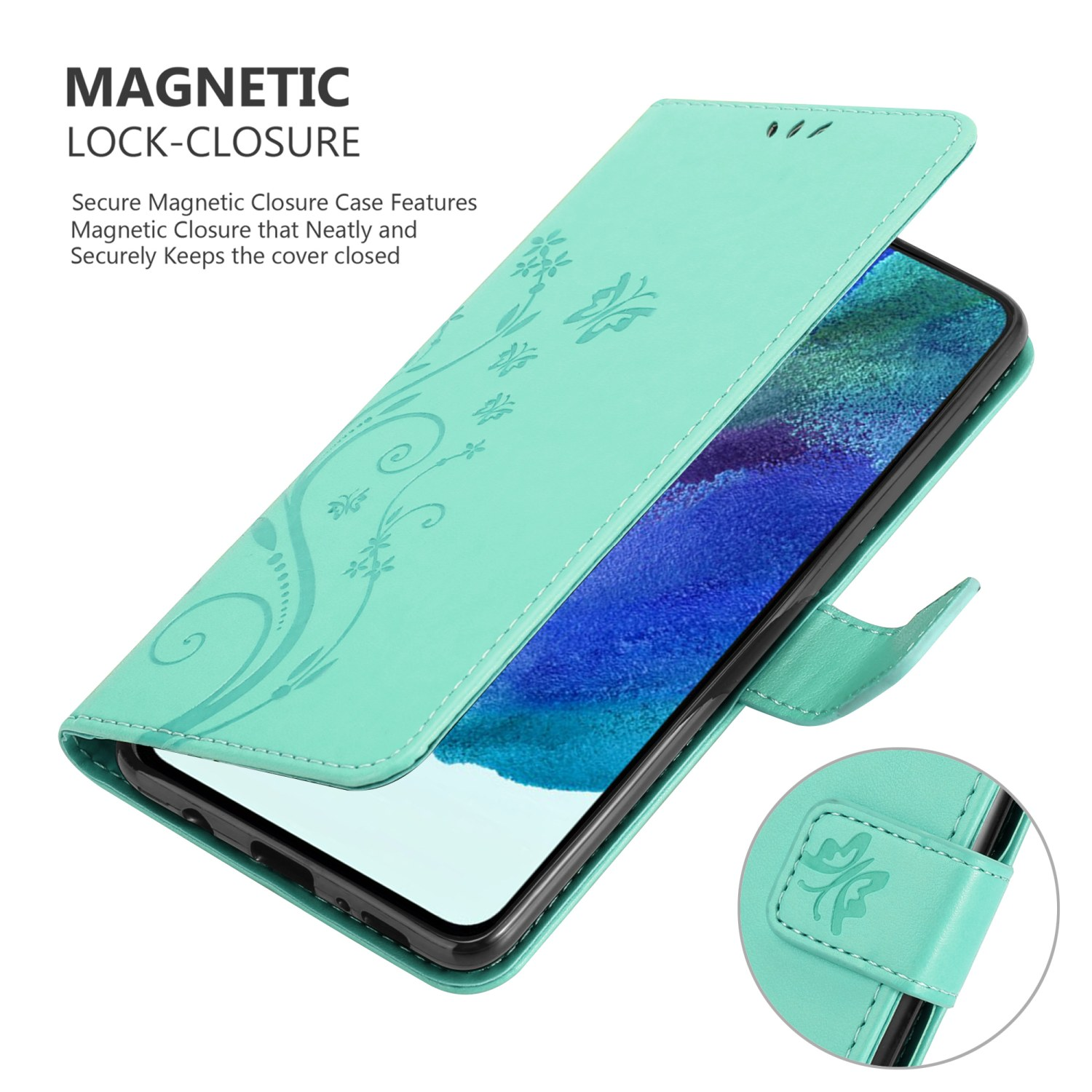 Custodia verde menta aperta, con un design floreale. Telefono rivelato, con chiusura magnetica.