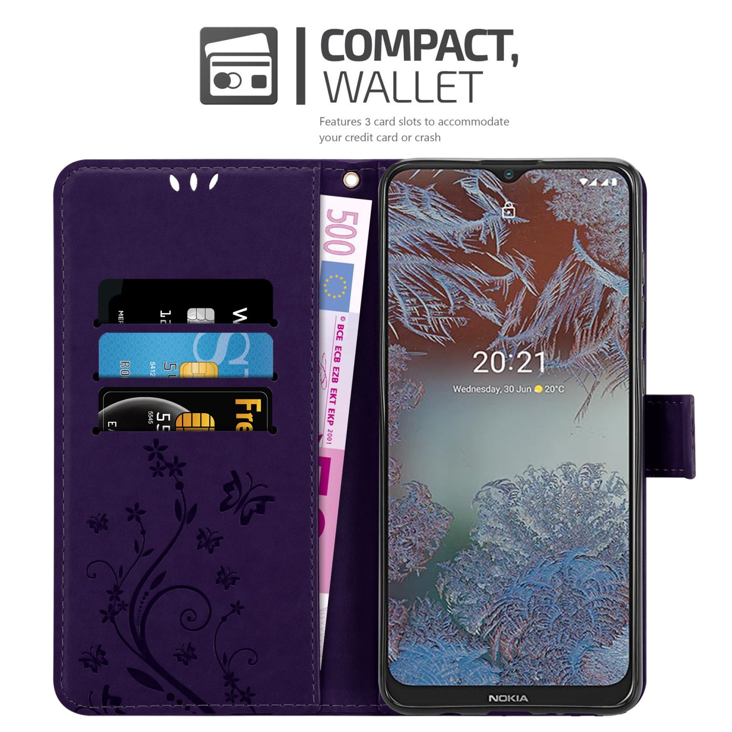 Custodia a portafoglio viola con telefono, carte e contanti. Presenta design floreale e farfalla.