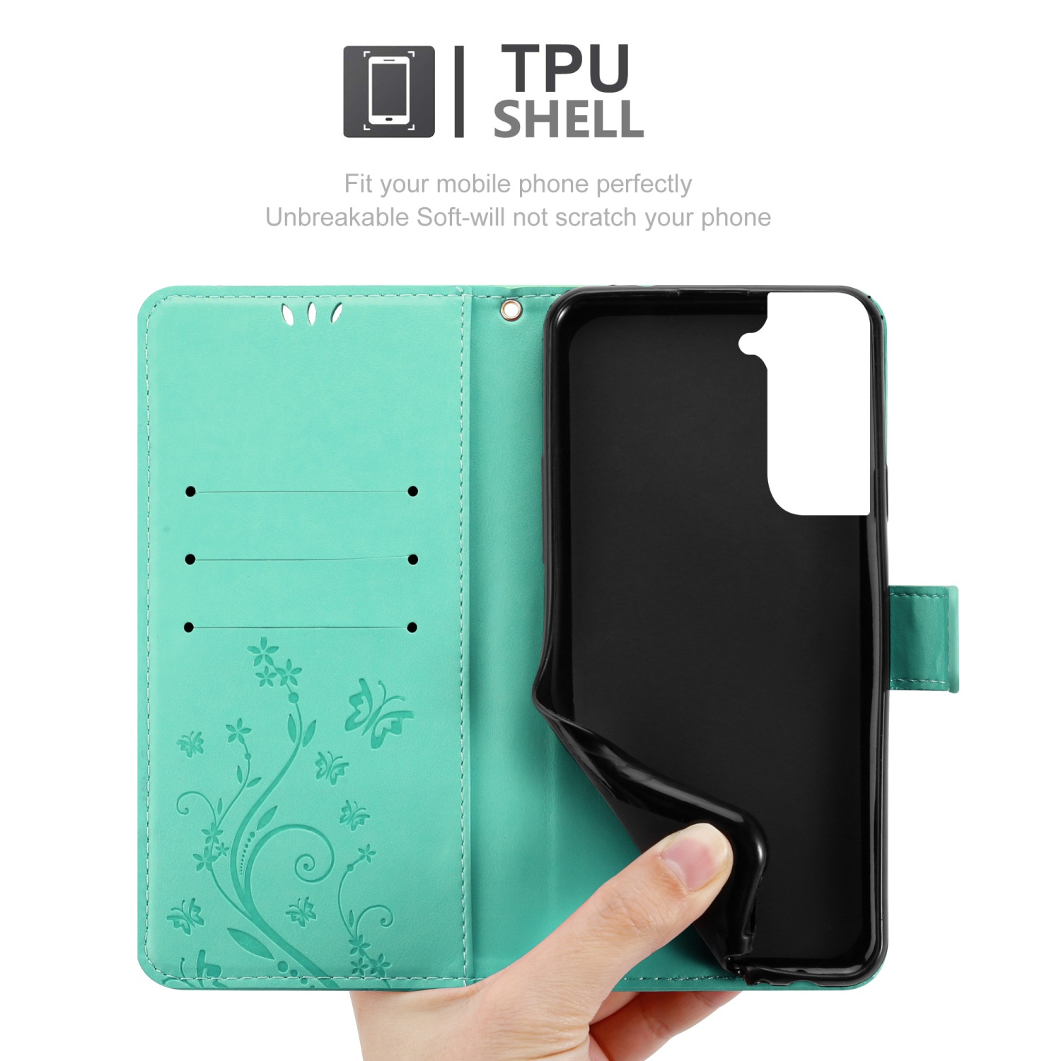 Custodia per telefono color menta con un telefono all'interno. Mostra il retro del telefono e la custodia aperta.